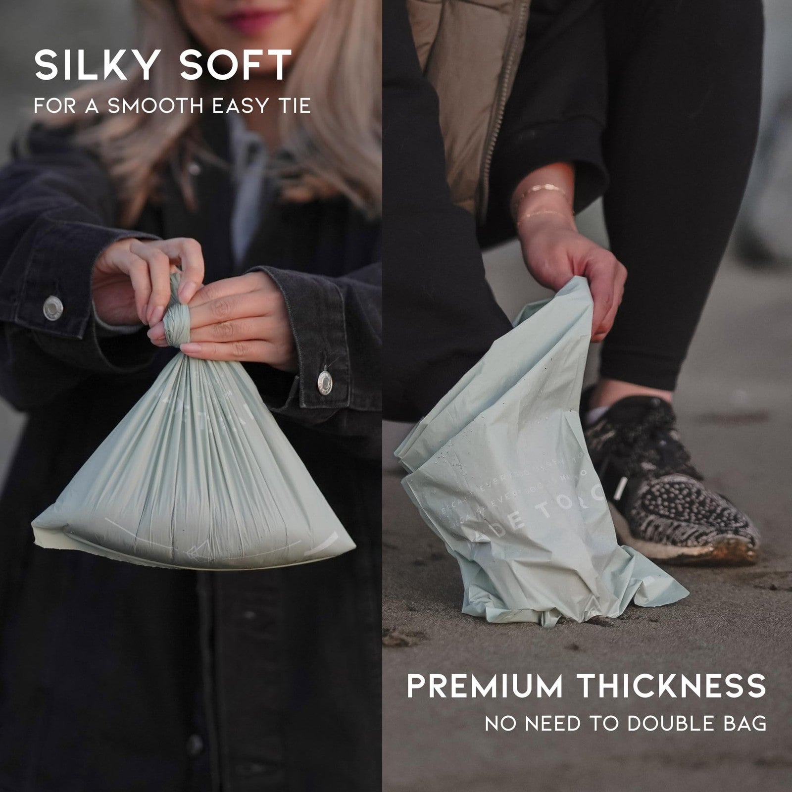 Made to Roam plant-based dog poop bag rolls, extra thick, leak-proof, with 10 rolls visible, designed for clean pet waste disposal.