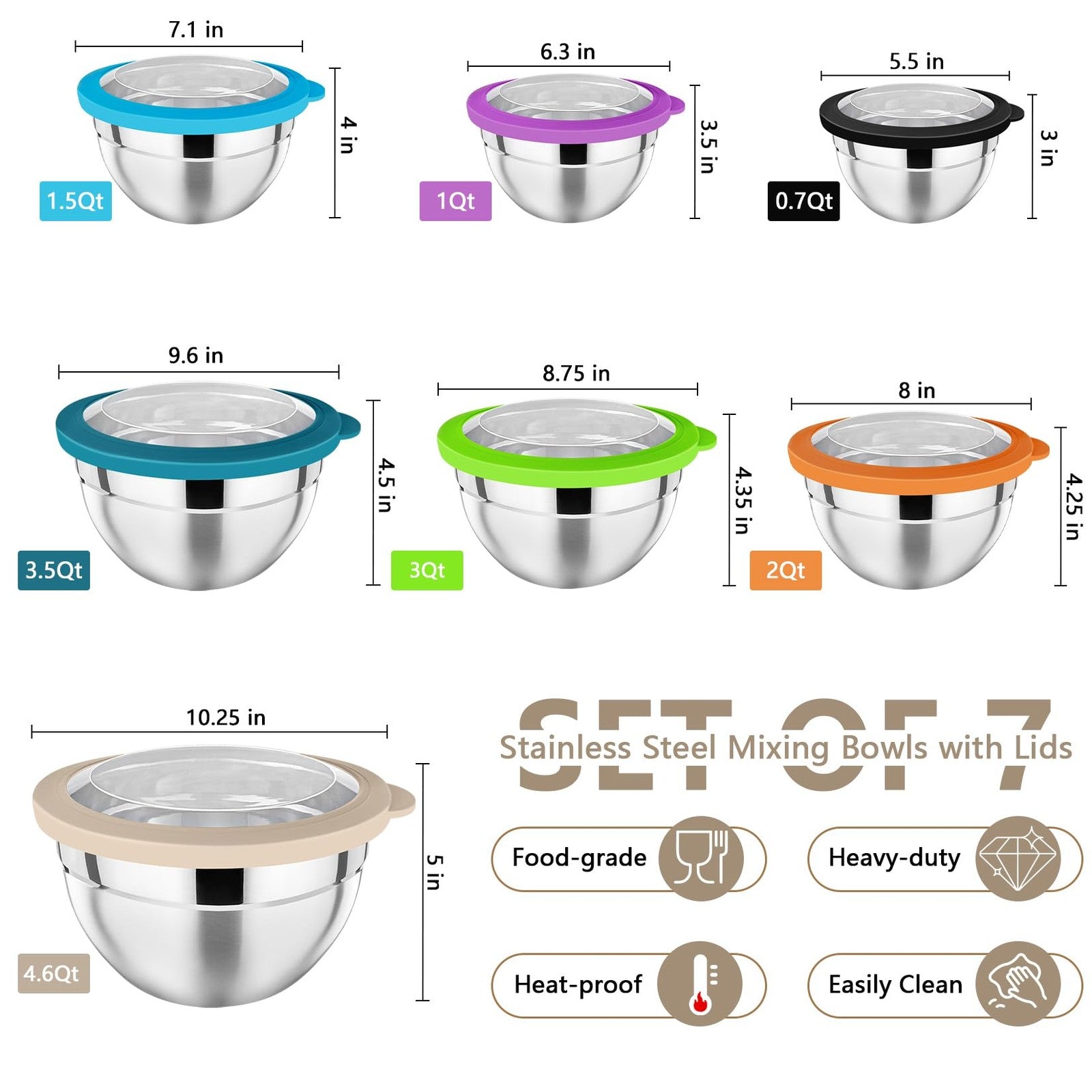Set of seven stainless steel P&P CHEF mixing bowls with lids, nesting salad bowls for kitchen prep and storage.