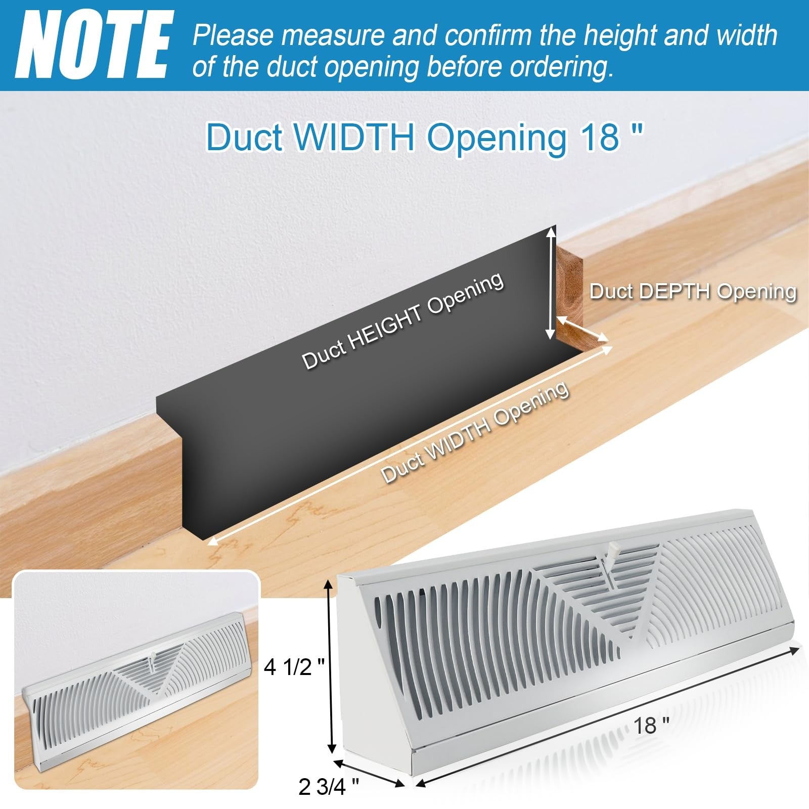 Swess 2-pack 18-inch white baseboard register with duct opening, decorative air diffuser for heating and cooling vents.