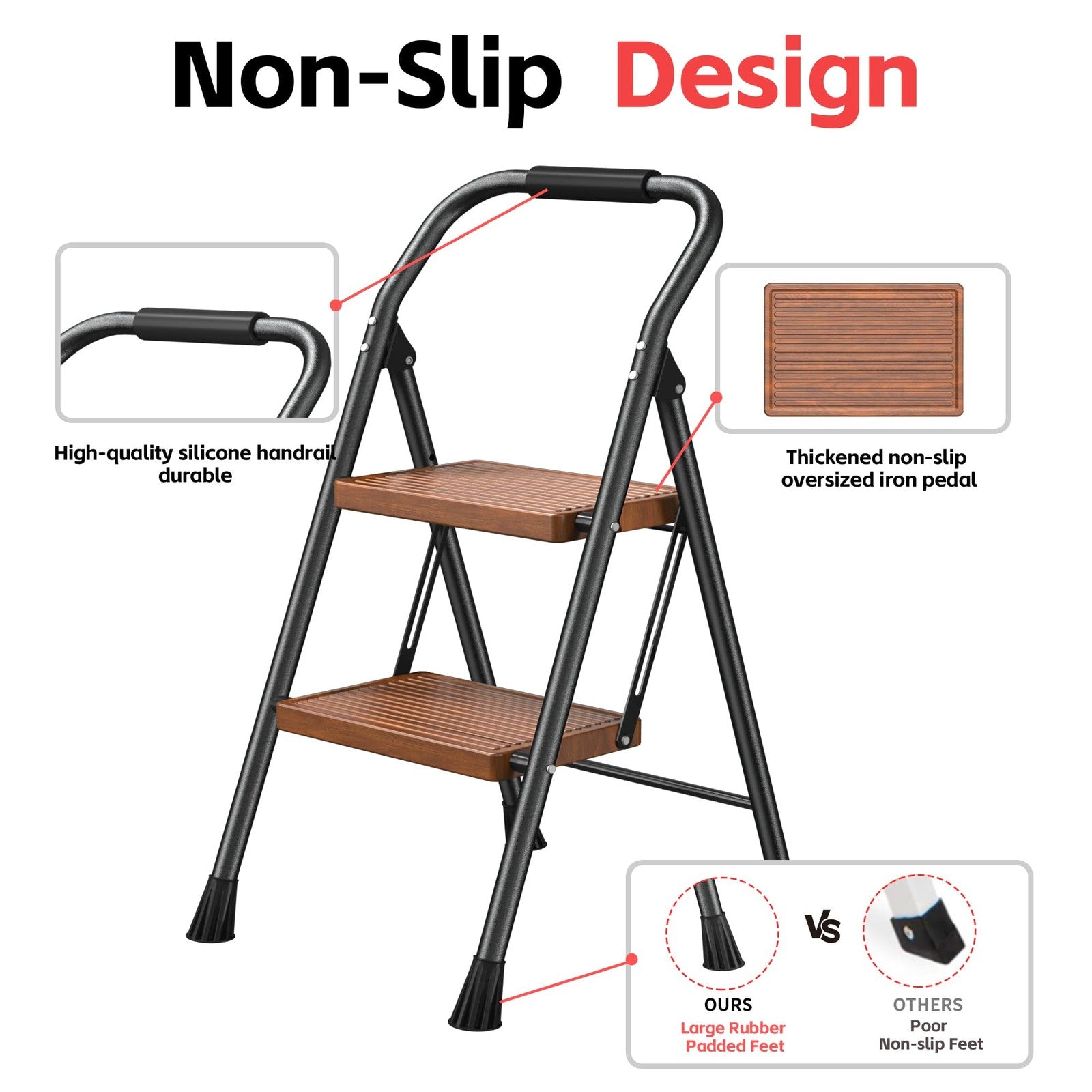 DiamondForge foldable step ladder stool with two steps, suitable for home, kitchen, and adult use, shown in a folded and extended position.