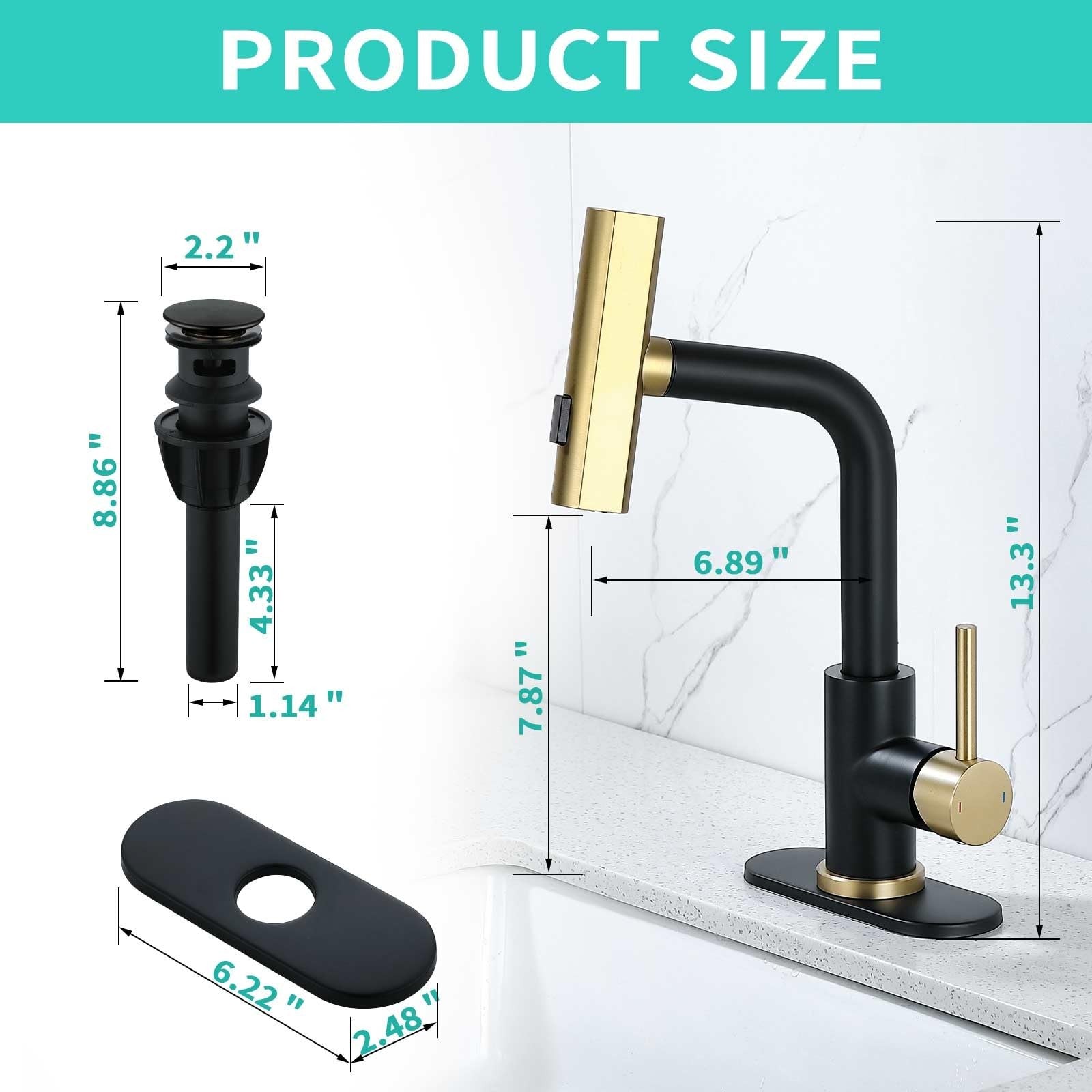 BARROCK Waterfall bathroom faucet with 3-mode pull-out sprayer and rotary switch, featuring a sleek modern design.