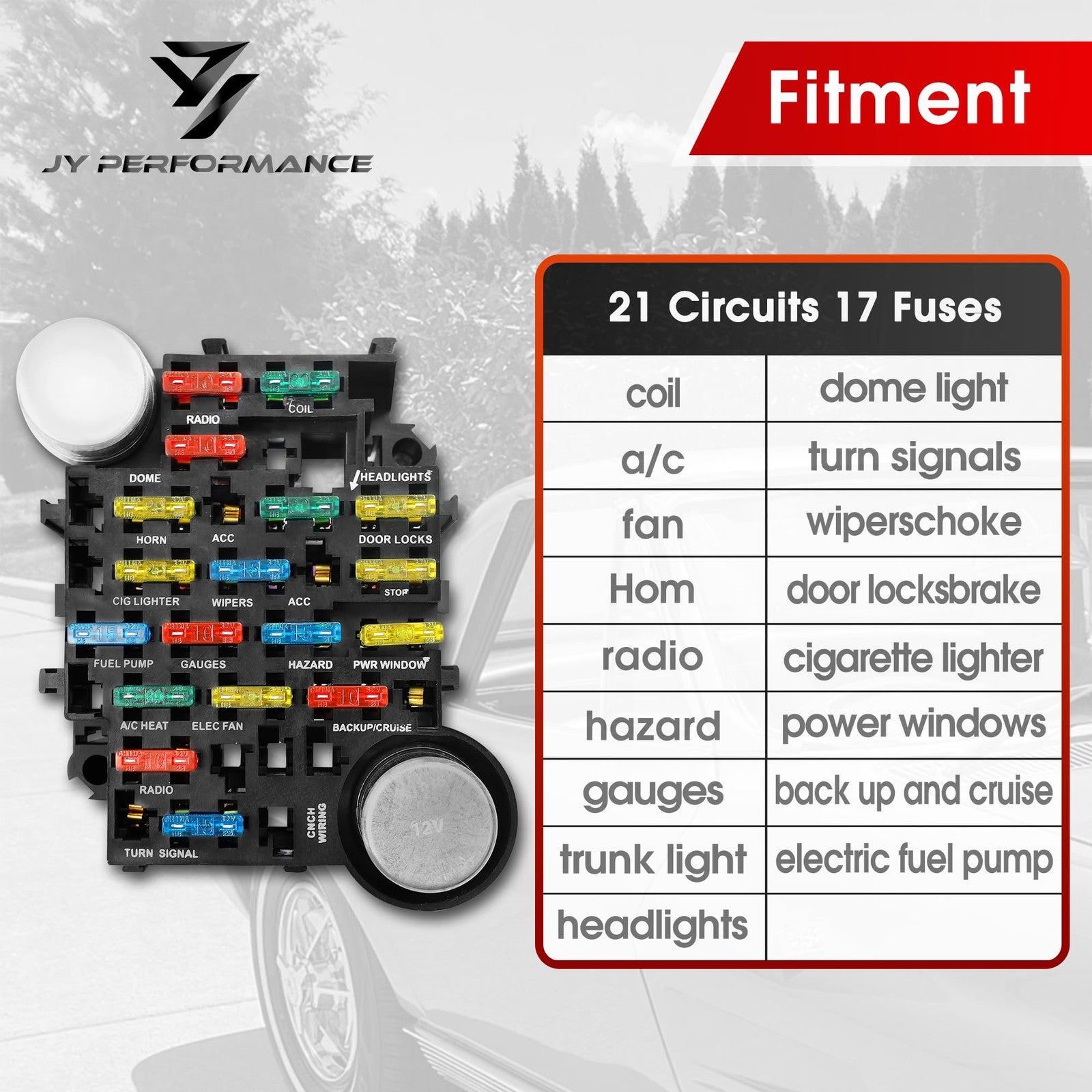 JY PERFORMANCE Universal 21 Circuit Wiring Harness Kit with extra long wires, black and red color, detailed electrical connectors and terminals.
