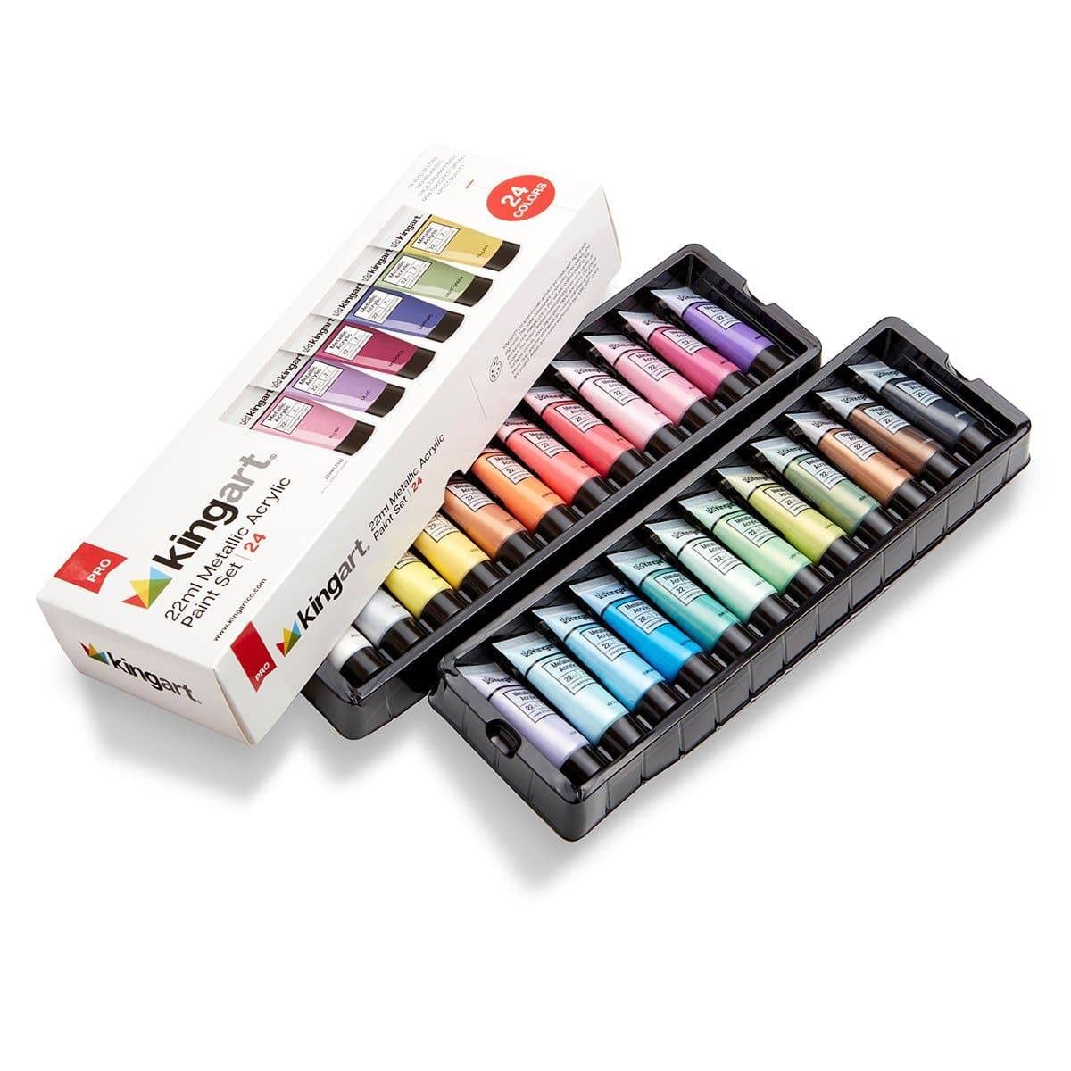 KINGART metallic acrylic paint set with 24 vibrant 0.74 oz tubes, displayed with colorful paint tubes and metallic finish.