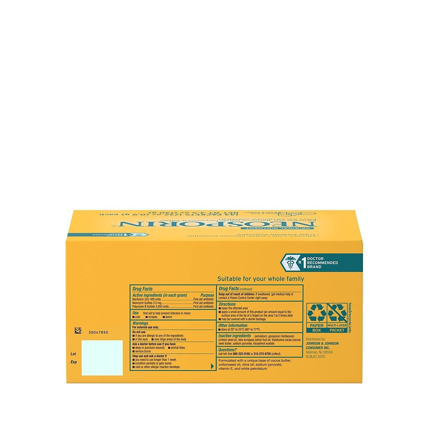 Neosporin antibiotic ointment pack with 144 yellow capsules, 0.31oz each, used for minor skin infections and wound care.
