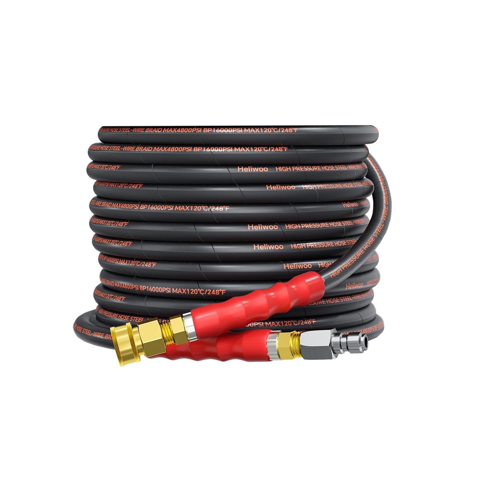 Heliwoo 25FT pressure washer hose, 3/8 inch diameter, kink-free, 4800 PSI, high-pressure water hose with quick connect fittings