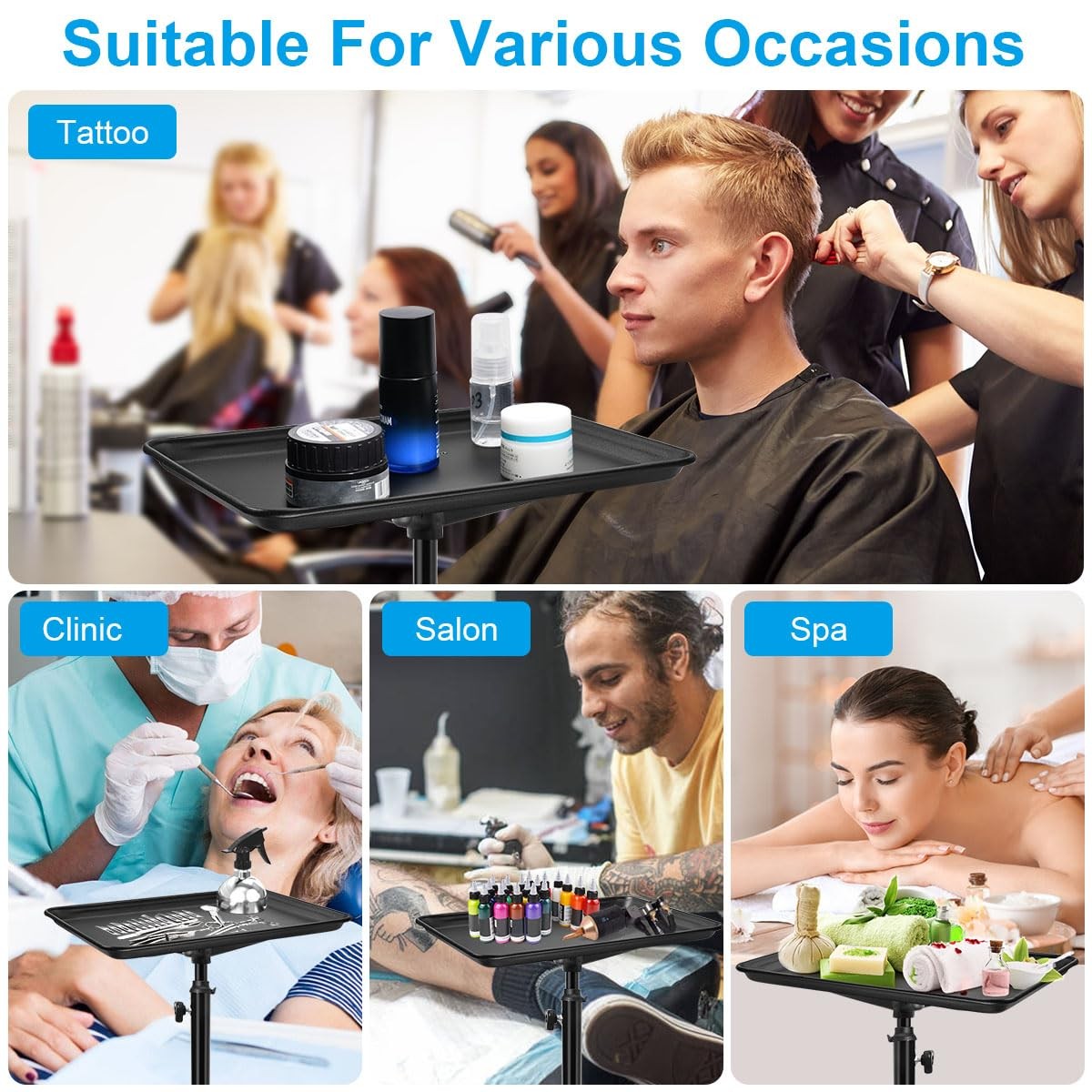 JOSTZHXIN salon rolling tray made of premium aluminum with adjustable height for tattoo and beauty professional use.