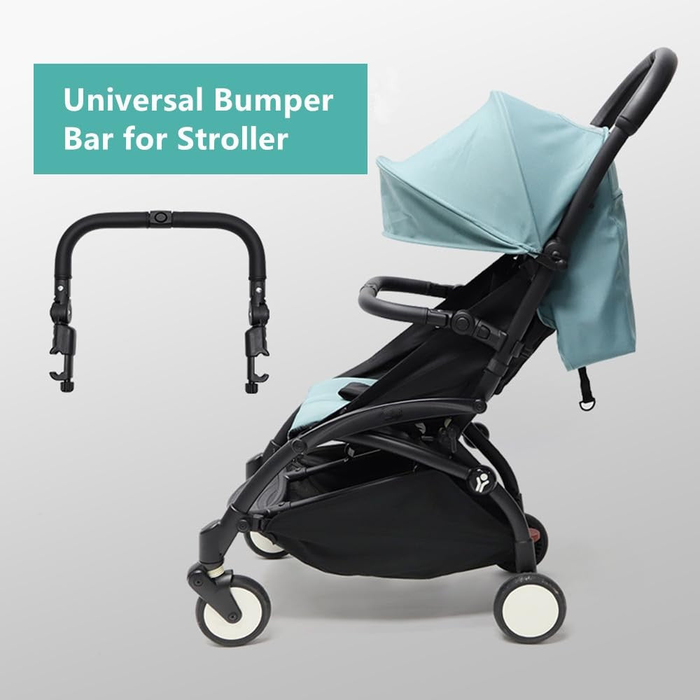 Adjustable MINILUJIA stroller bumper bar with leather cover and detachable crossbar, shown attached to a stroller frame.