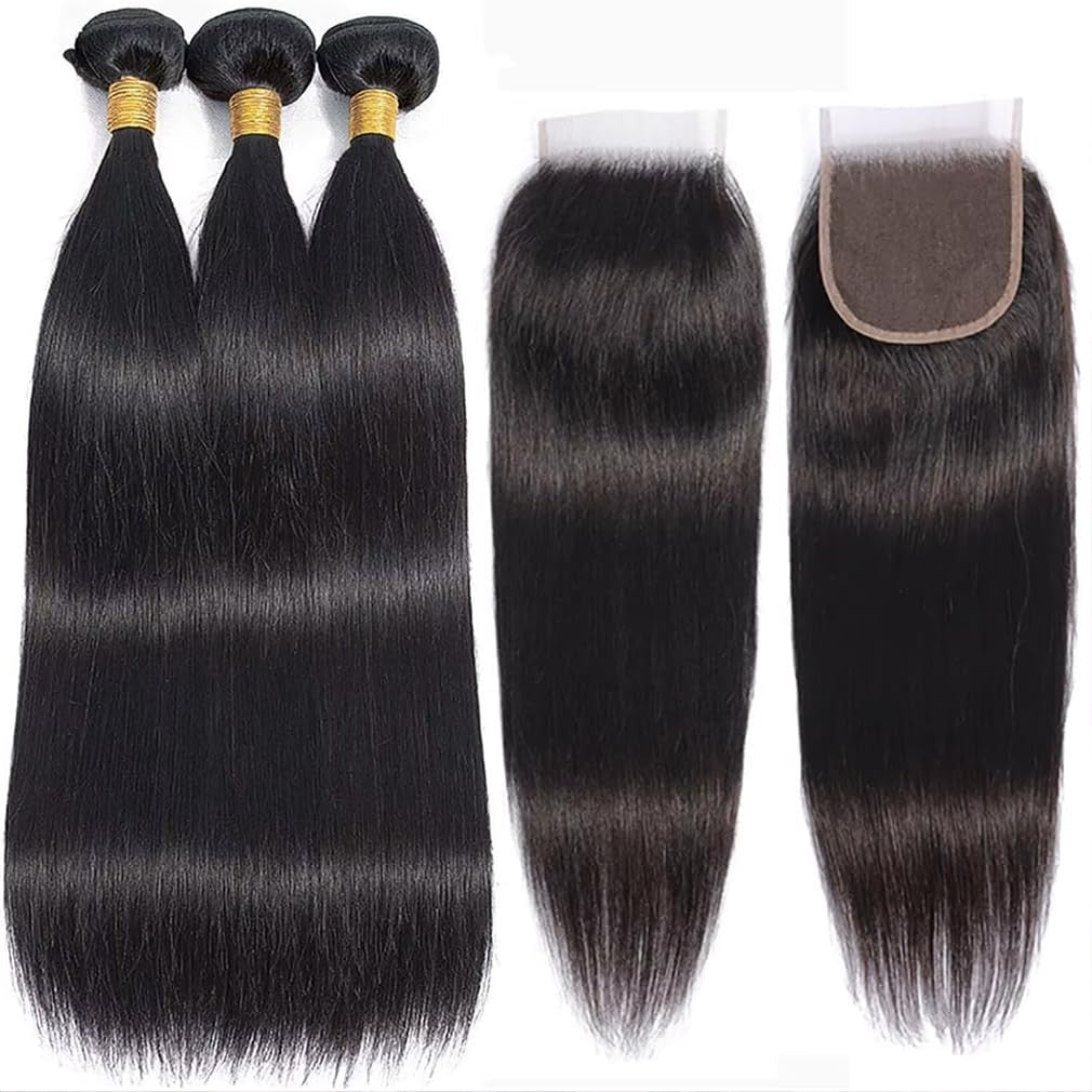 Unbranded black human hair bundles with straight closure, featuring natural-looking straight hair and secure closure for versatile styling.