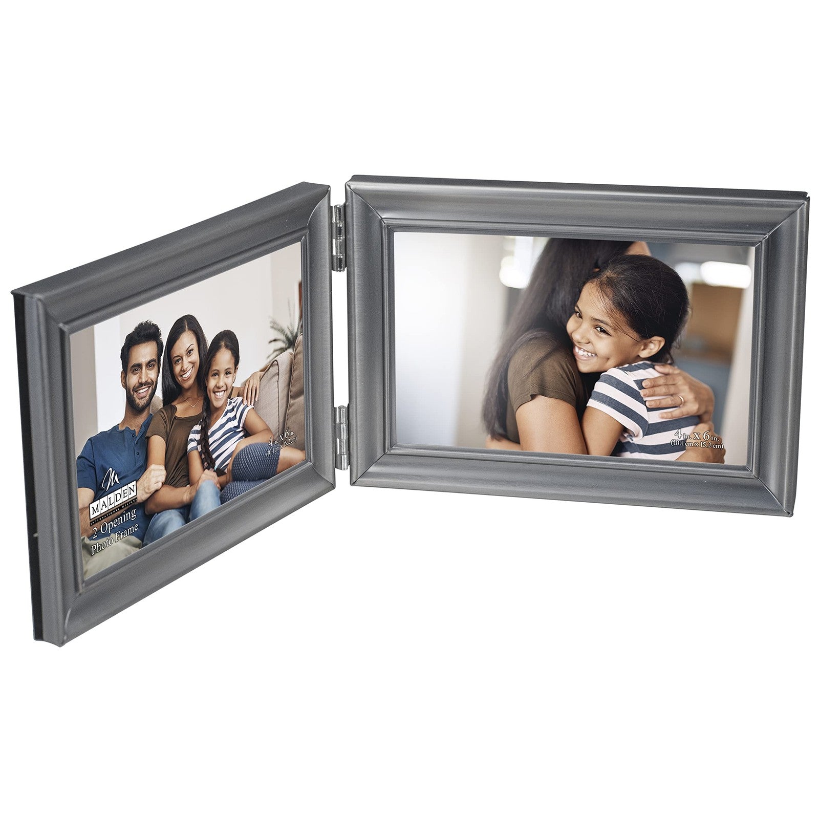 Malden Concourse Pewter Metal Double Hinged Picture Frame displaying two photographs