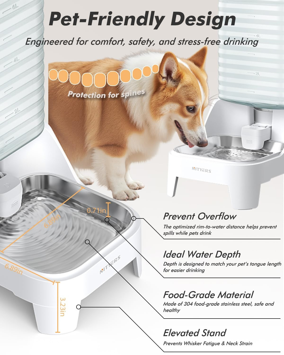 Automatic dog water bowl dispenser with patented faucet by Nityers, large 8L gravity feeder for pets, showing the water flow and faucet.