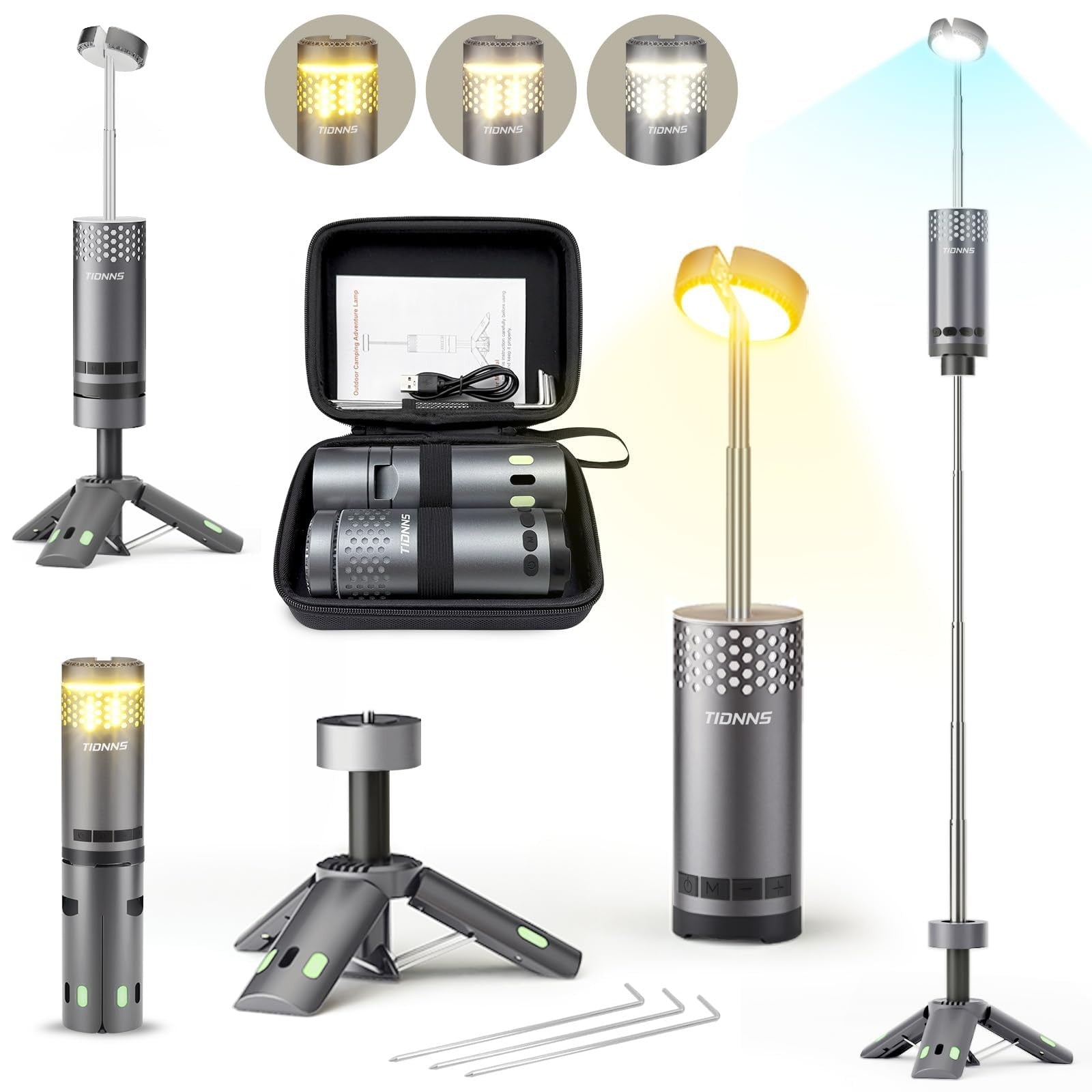 Rechargeable TIDNNS camping lantern with detachable stand, waterproof design, and bright LED illumination for outdoor use.