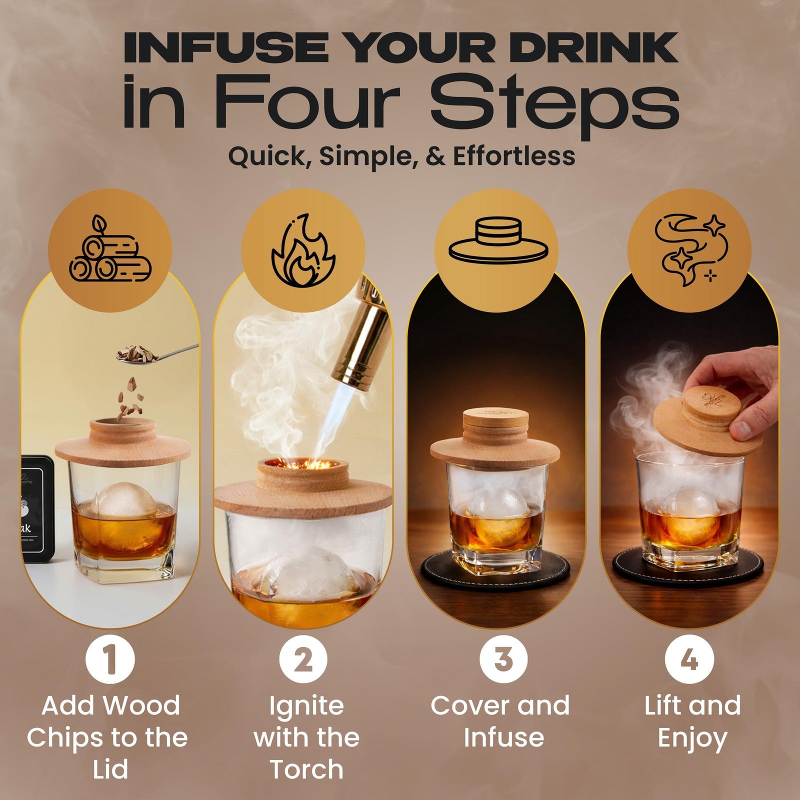 Moments by Keff whiskey smoker kit with wooden torch, square lid, and smoker box for enhancing whiskey flavors.