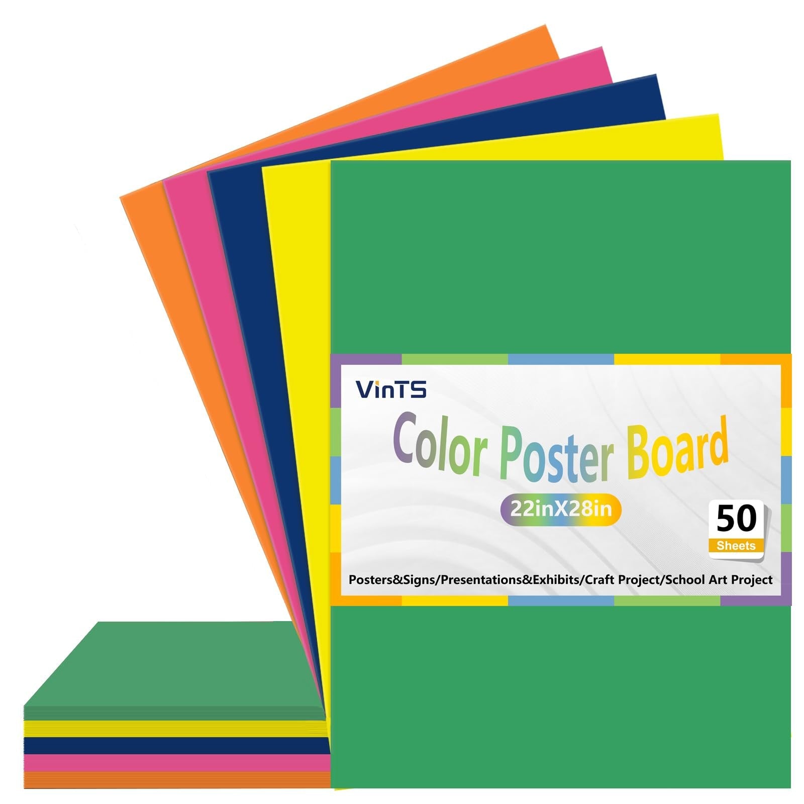 Set of 50 colorful VinTS poster boards in 22x28 inch size, assorted vibrant colored paper for crafts and presentations.