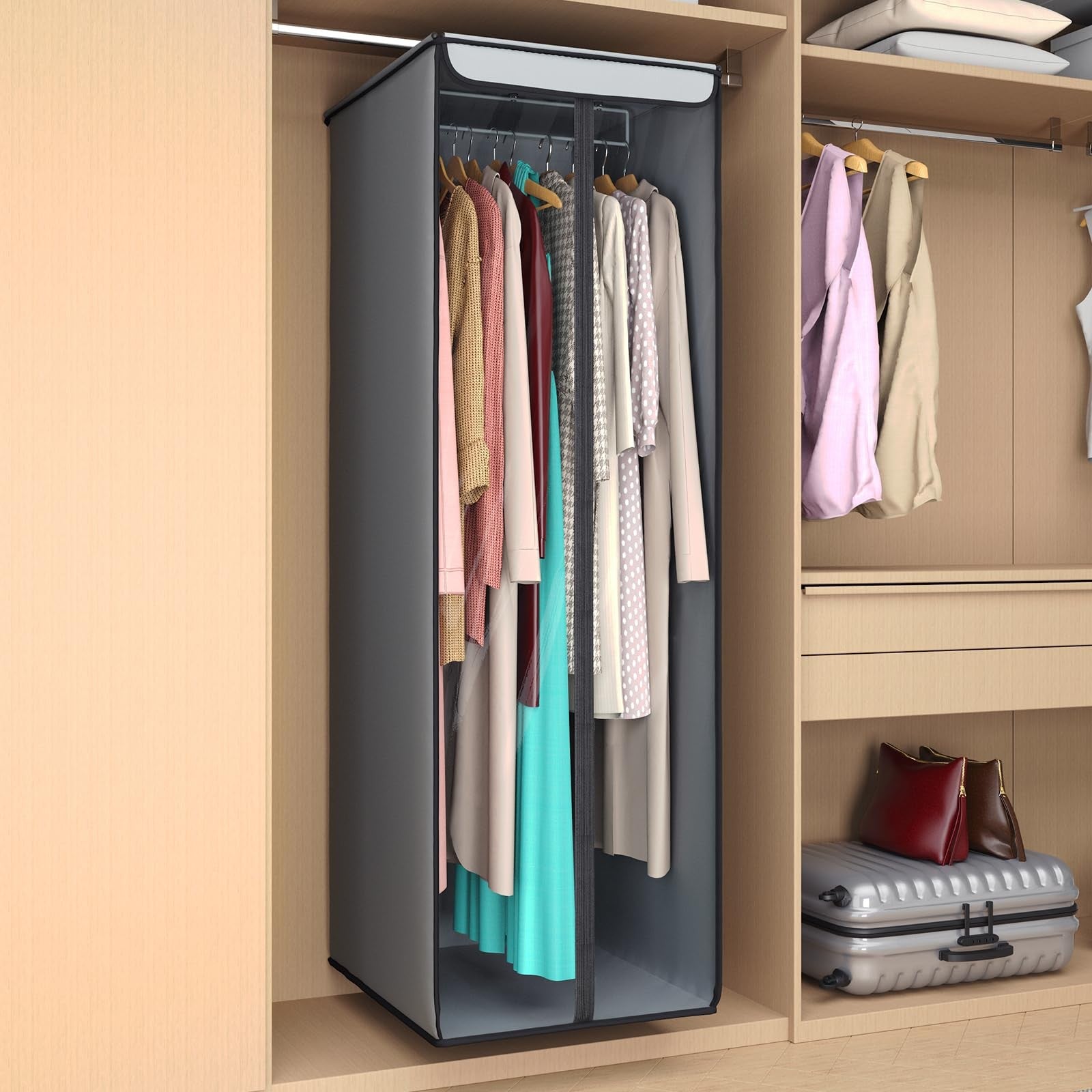 Univivi 54-inch large garment storage bags with clear windows, shown in a closet organizer for clothing storage and protection.