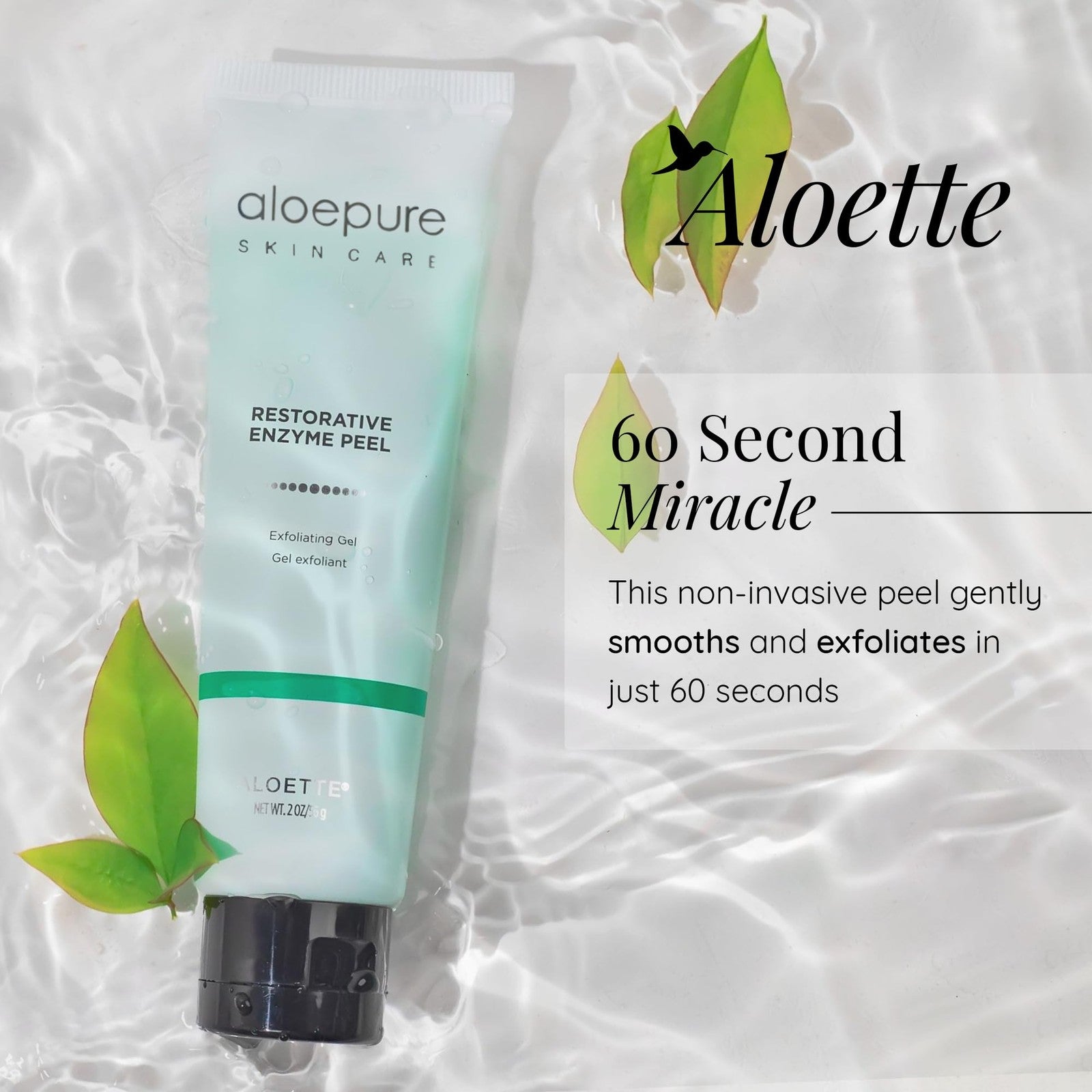 Aloette Face Peel Gel with restorative enzyme, exfoliating facial peel in a 2 oz tube, showing the gel texture and applicator.