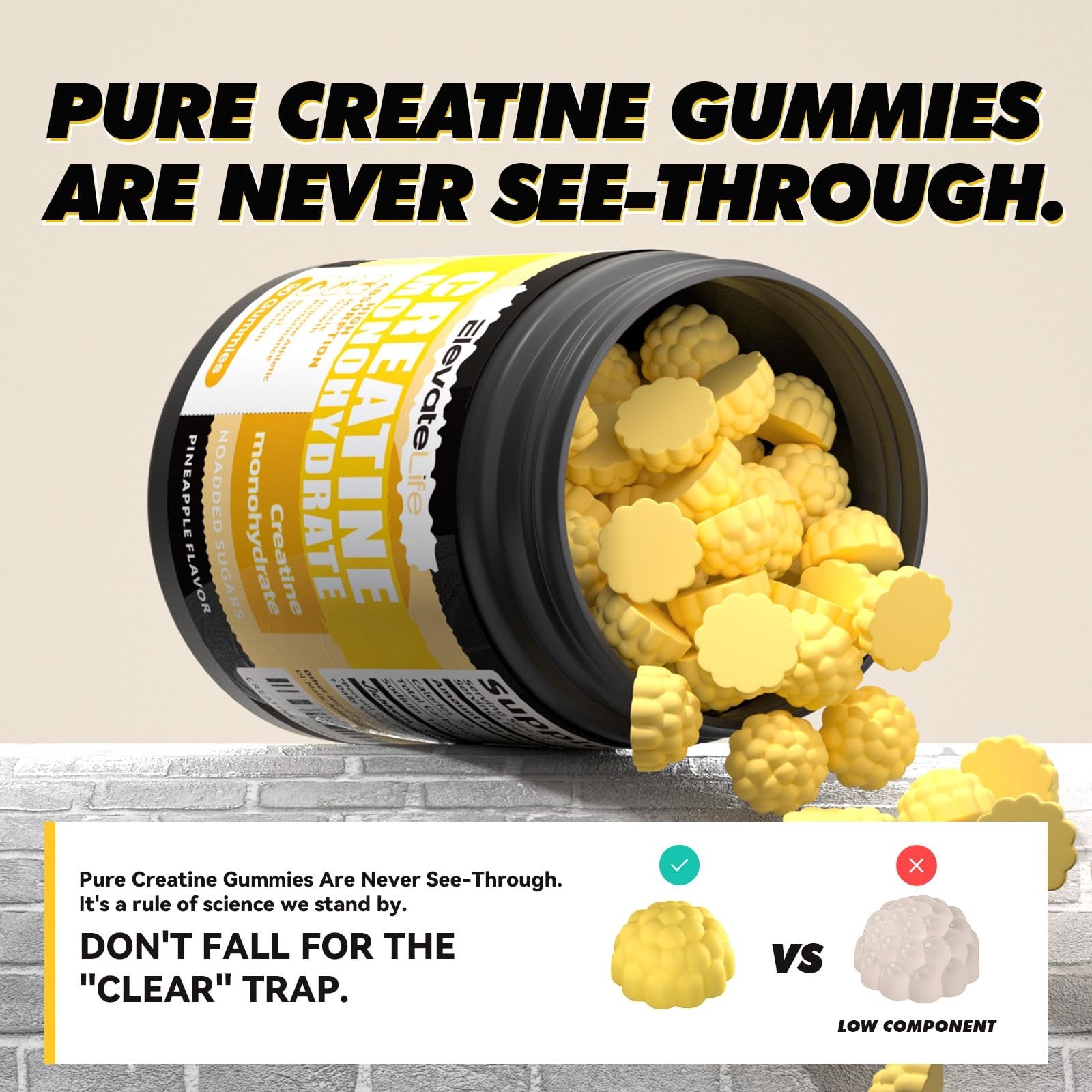 ElevateLife Creatine Monohydrate Gummies for men and women, 5000mg chewable supplement with colorful gummy shapes.