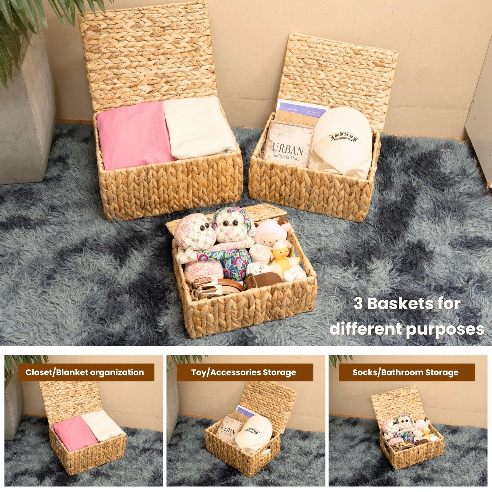 Set of three KOLWOVEN wicker storage baskets with lids, rectangular decorative baskets for organizing and storage.