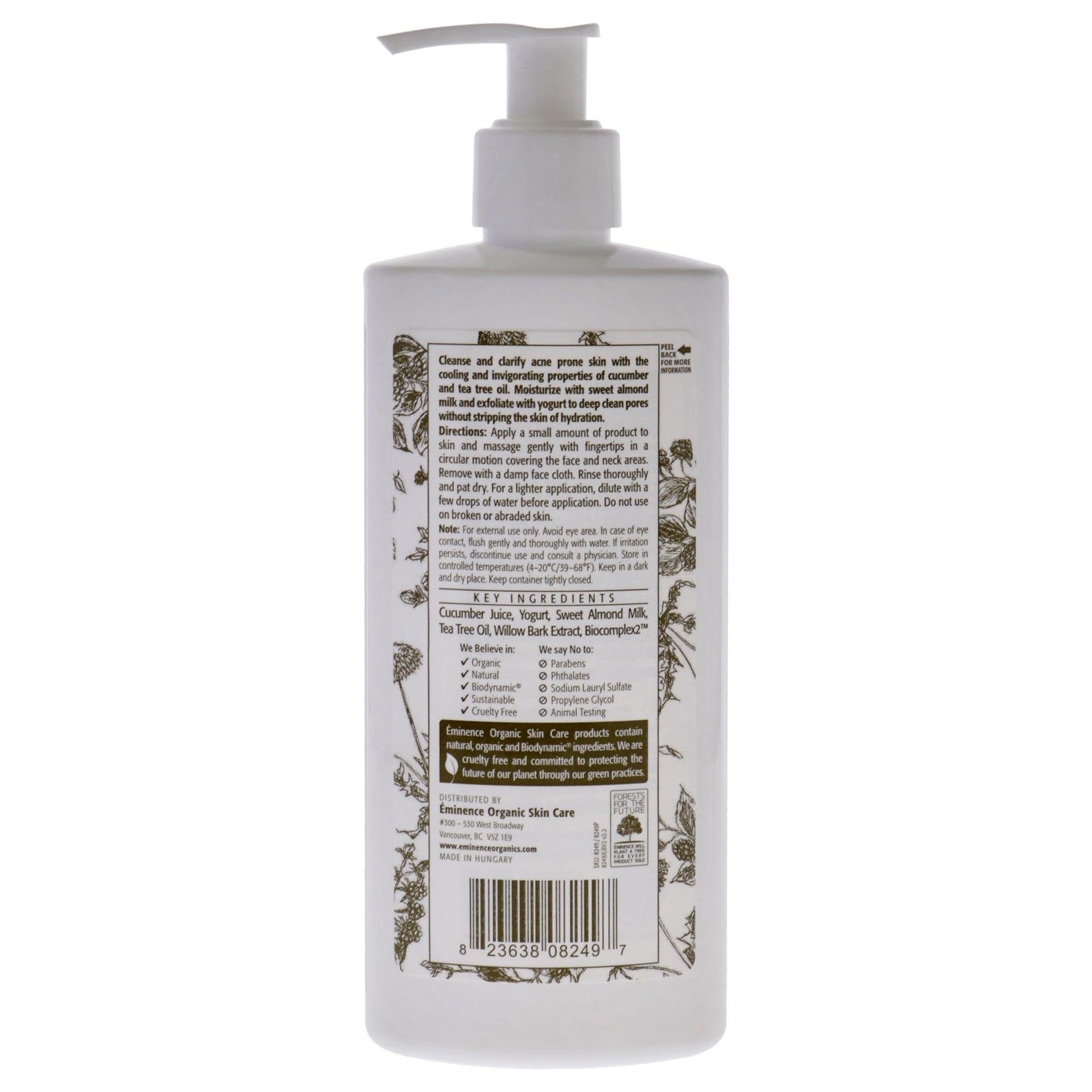 Eminence Clear Skin Probiotic Cleanser bottle showing label with clear liquid and pump dispenser, 8.4 ounces, skincare product.