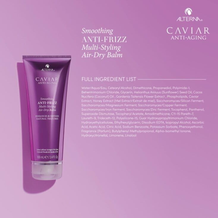 Alterna Caviar Anti-Aging Smoothing Anti-Frizz Multi-Styling Air Dry Balm in a 3.4 oz jar, showing the product container and label.