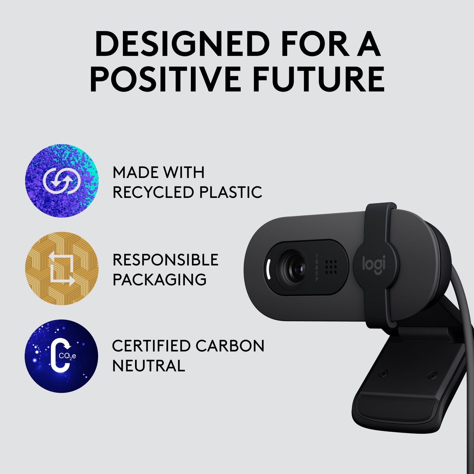 Logitech Brio 105 Full HD 1080p business webcam with auto-light balance and USB-A connection, shown facing forward with lens and built-in microphone