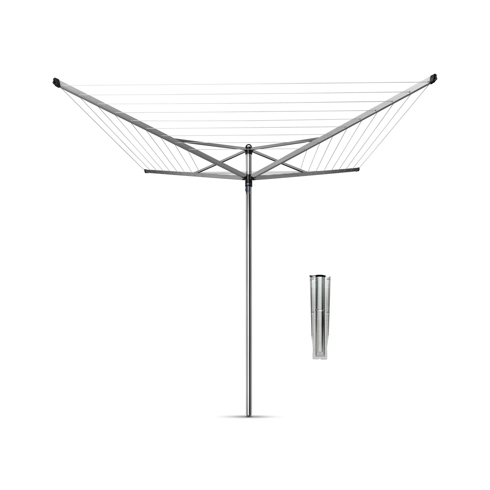 Brabantia Topspinner outdoor clothesline with 4 arms, 197ft length, rotating and folding drying rack in a backyard setting
