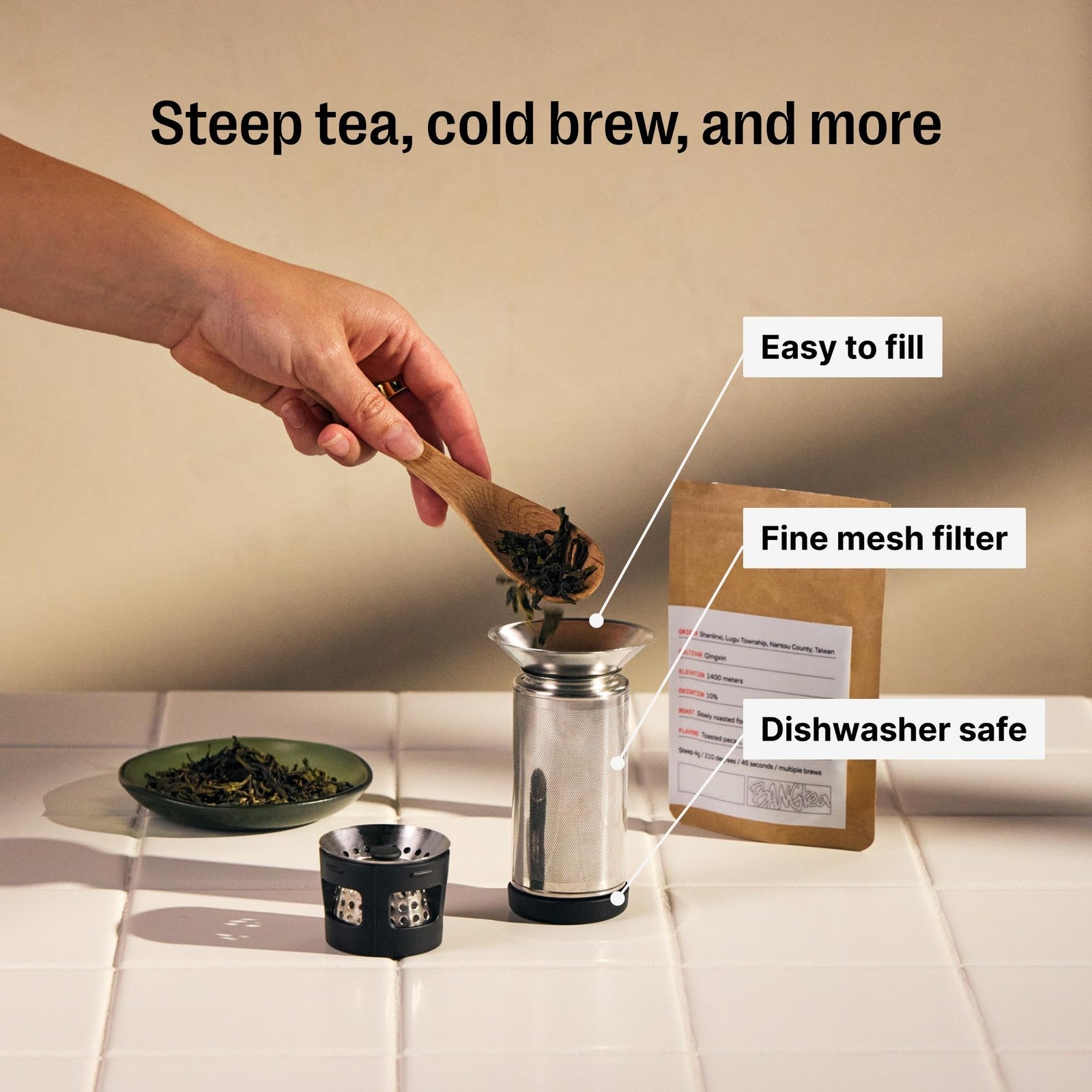 Fellow Carter Tea and Cold Brew Infuser with 16 oz Carter Move tumbler, stainless steel, double-wall insulated, perfect for tea and cold brew.