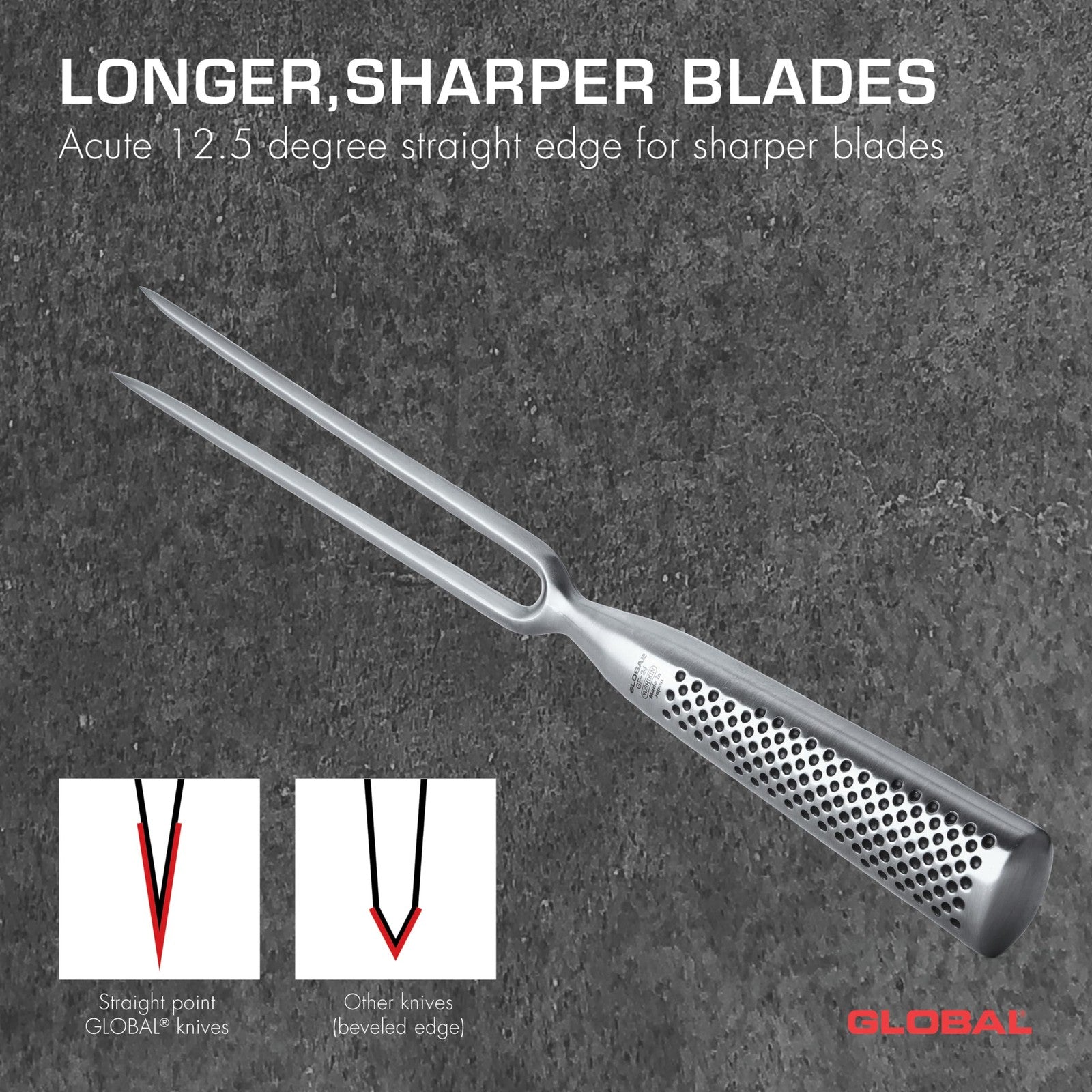Global 7-inch forged straight carving fork made of lightweight Japanese stainless steel, ideal for precise meat carving.