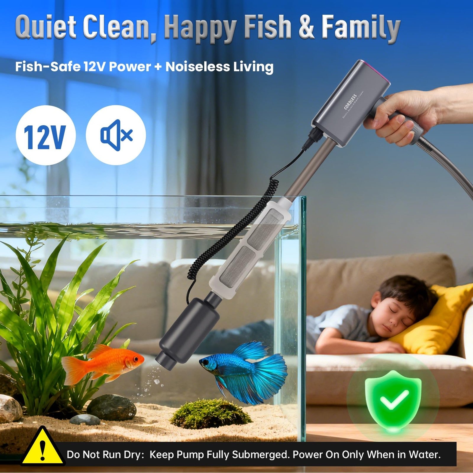 Rechargeable RIRMJOR electric aquarium gravel cleaner with adjustable suction for fish tank cleaning, shown in the image.