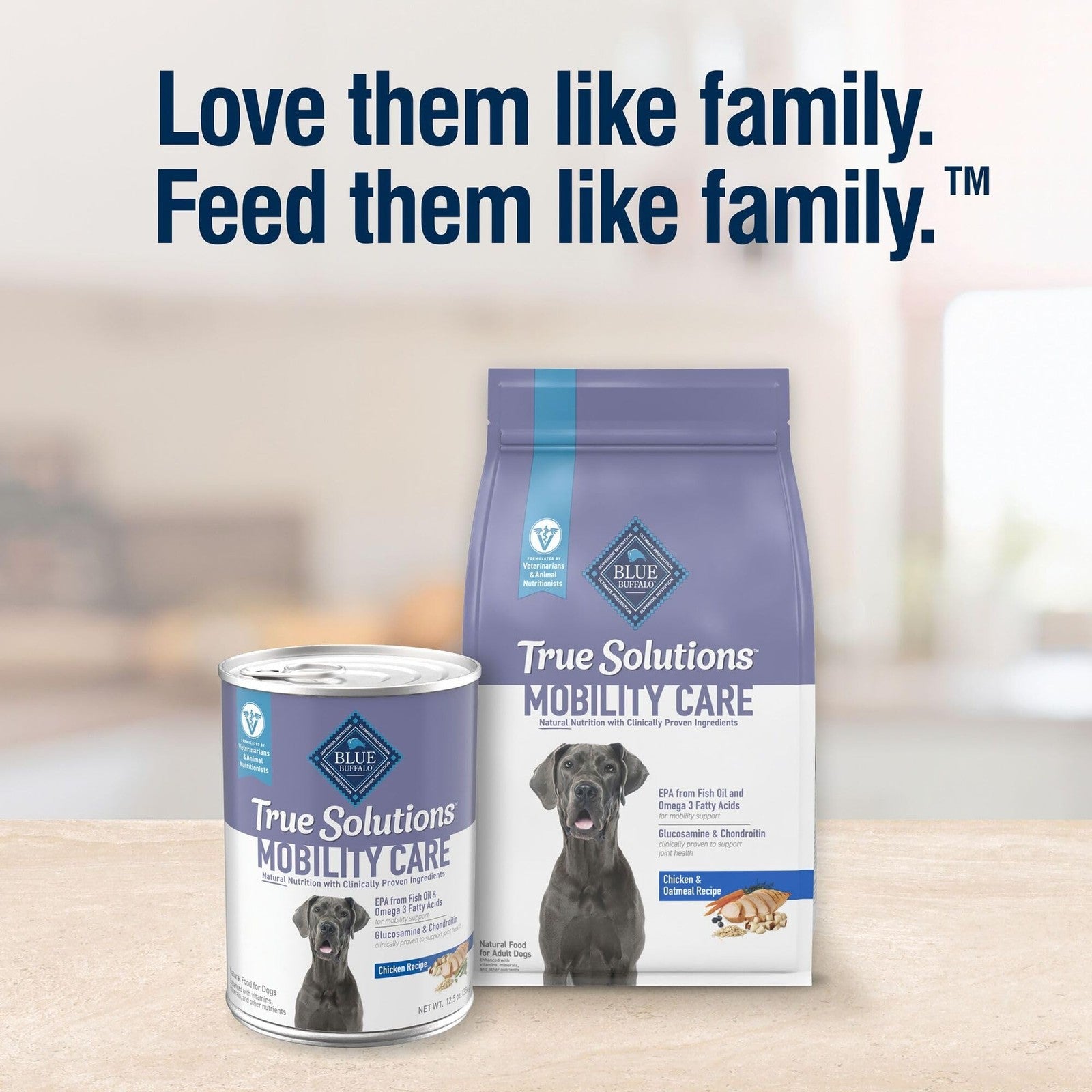 Blue Buffalo True Solutions Mobility Care wet dog food for adult dogs, featuring a close-up of the product can with labels visible.