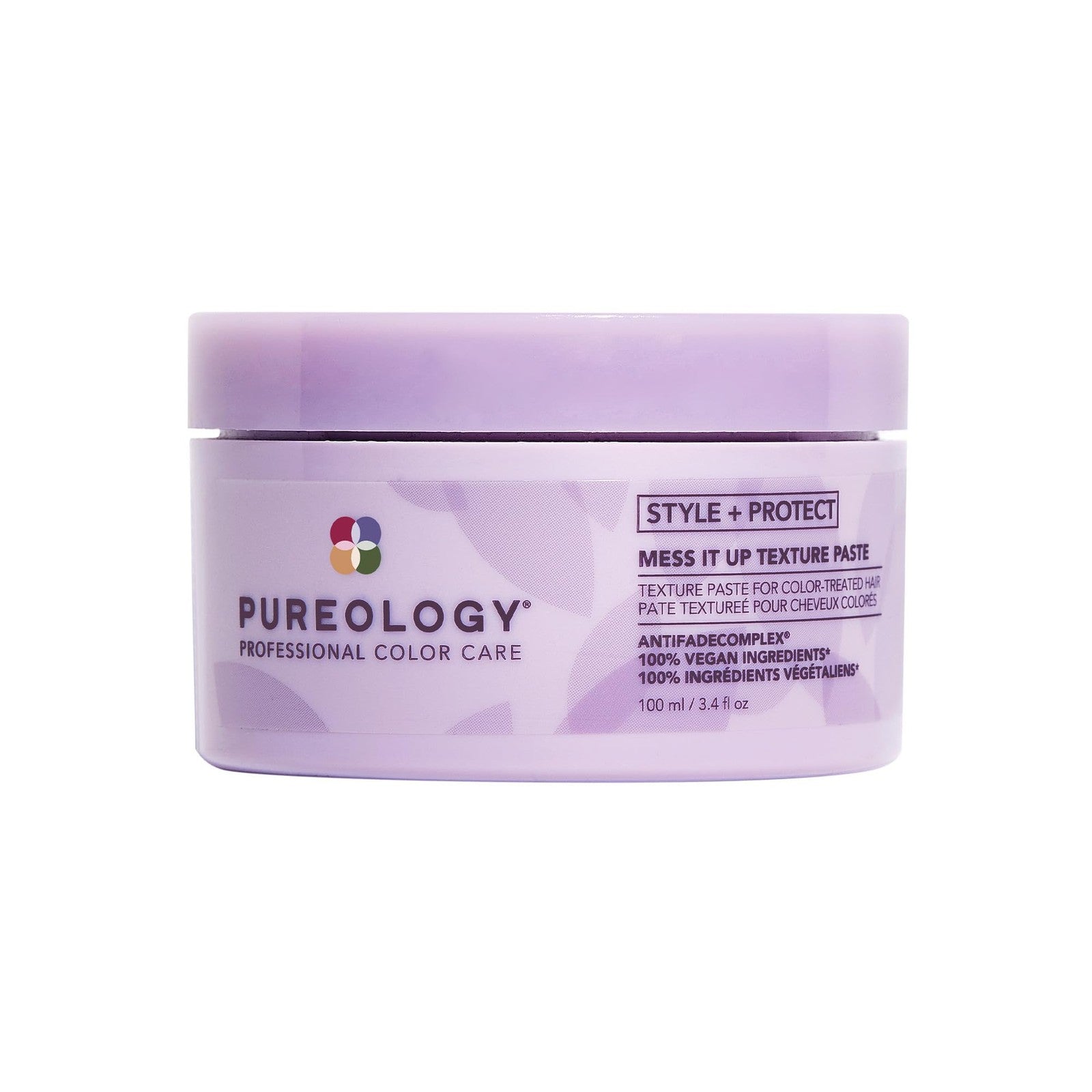 Pureology Style + Protect Mess It Up Texture Paste for color-treated hair, shown in a jar with product label and textured hair.
