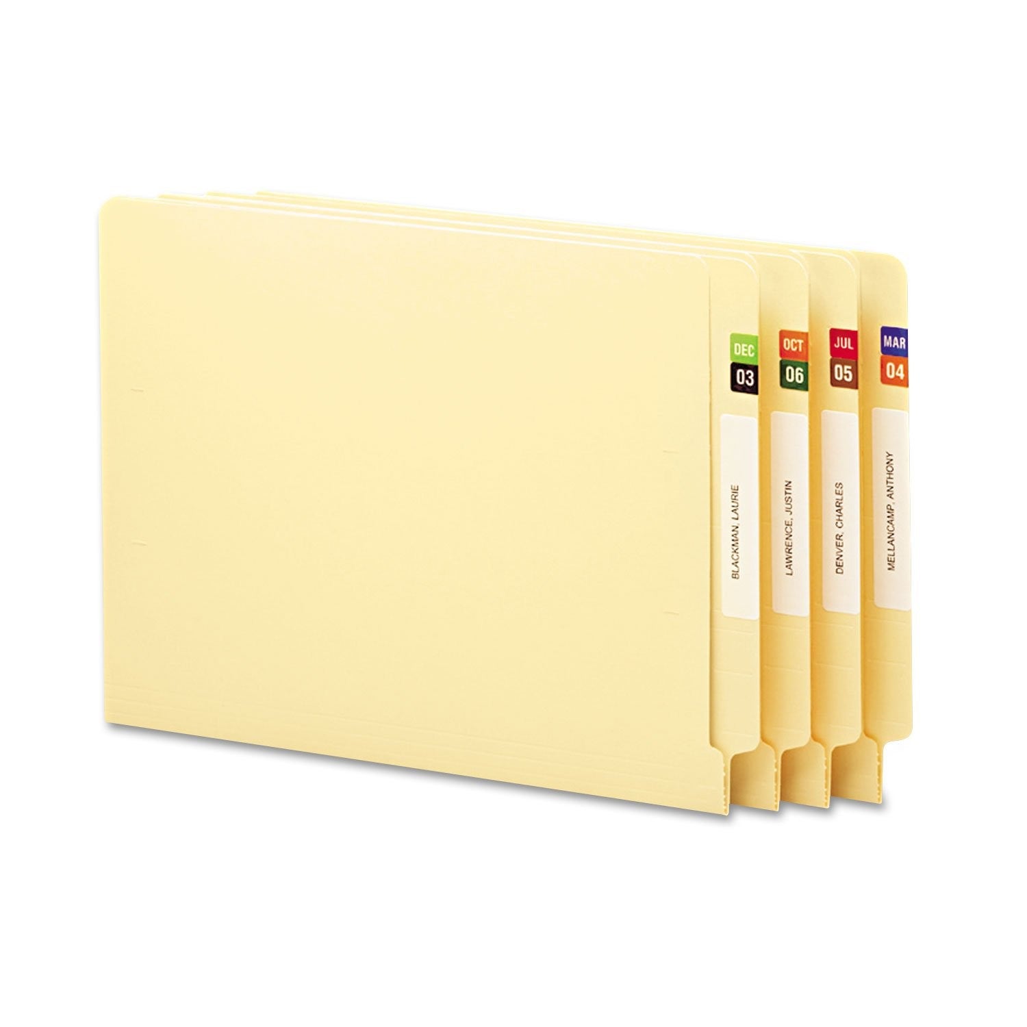 Smead ETS color-coded month label sheet with assorted January to December labels in vibrant colors for organization.