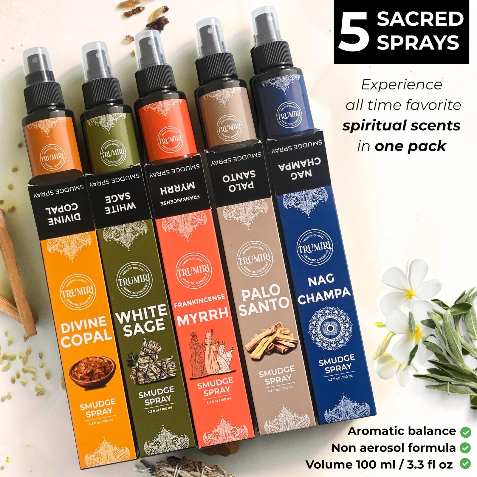 Set of five smudge sprays including white sage, palo santo, frankincense, myrrh, nag champa, and copal by TRUMIRI.