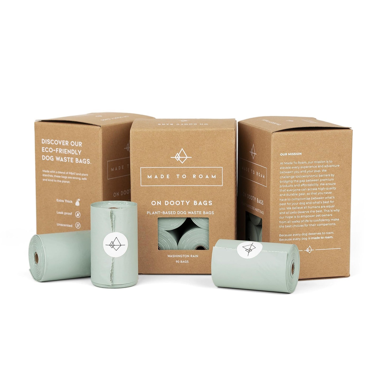 Made to Roam plant-based dog poop bag rolls, extra thick and leak-proof, shown in a roll with bags ready for use.