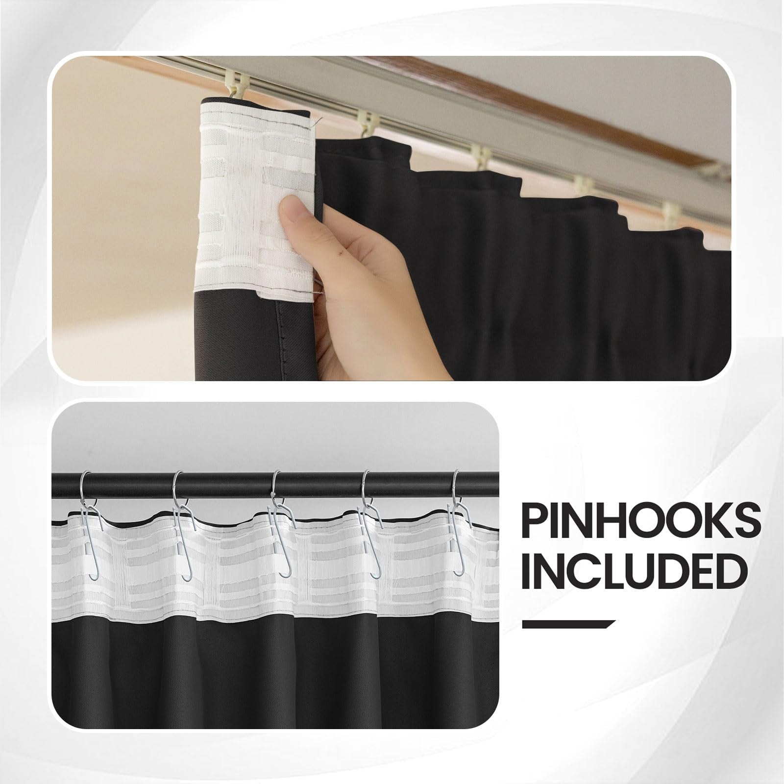 Grichril 108-inch black blackout curtains with two panels, designed for bedroom windows to block heat and darken the room.