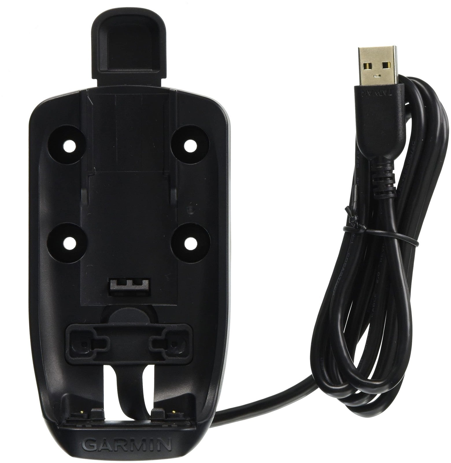 Garmin 010-12525-00 powered mount in black for GPS devices, showing the mount with attached wiring and mounting bracket.