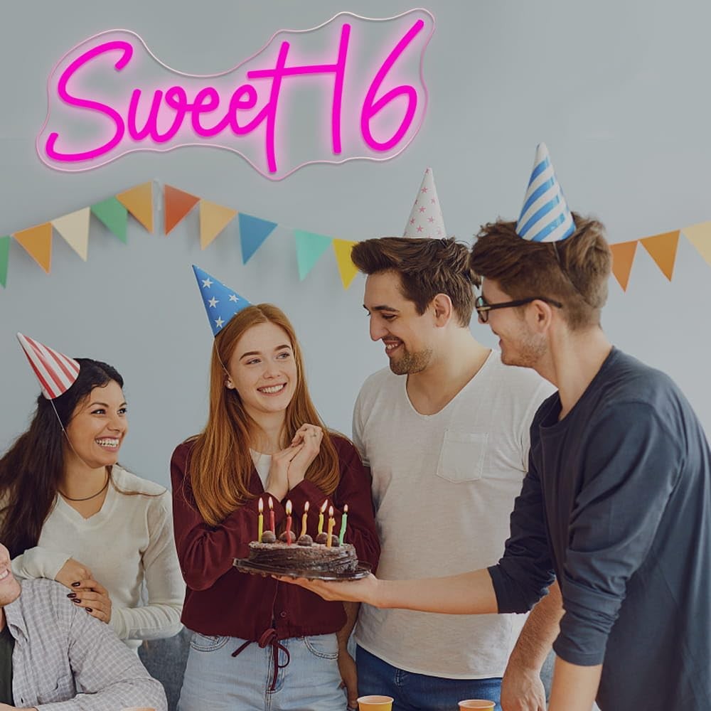 Neooglroad 16.8-inch Sweet 16 neon sign with USB power and dimmer switch, perfect for 16th birthday party decorations.