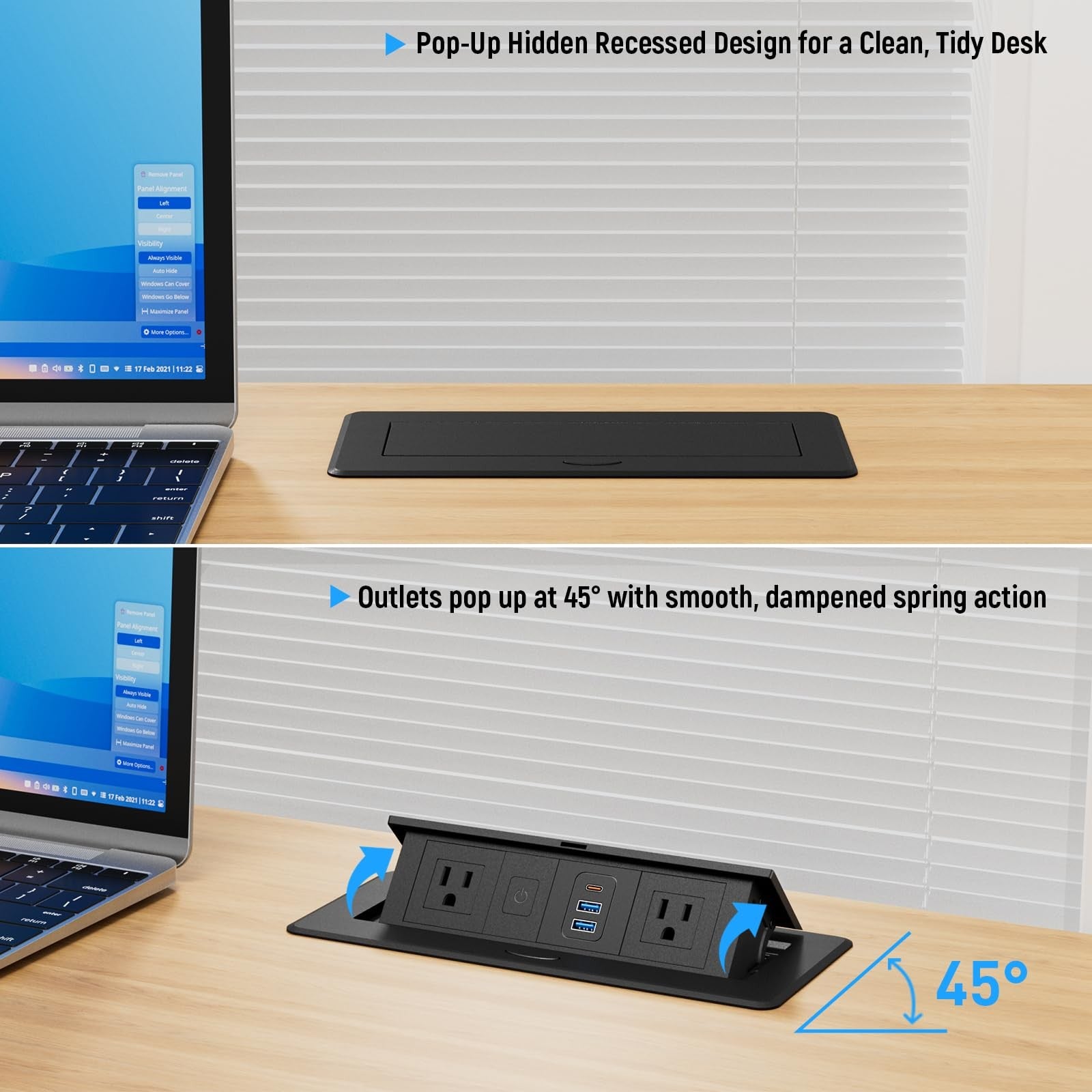 Sussex recessed power strip with two AC outlets, two USB-A ports, and one USB-C port, pop-up design for convenient charging.