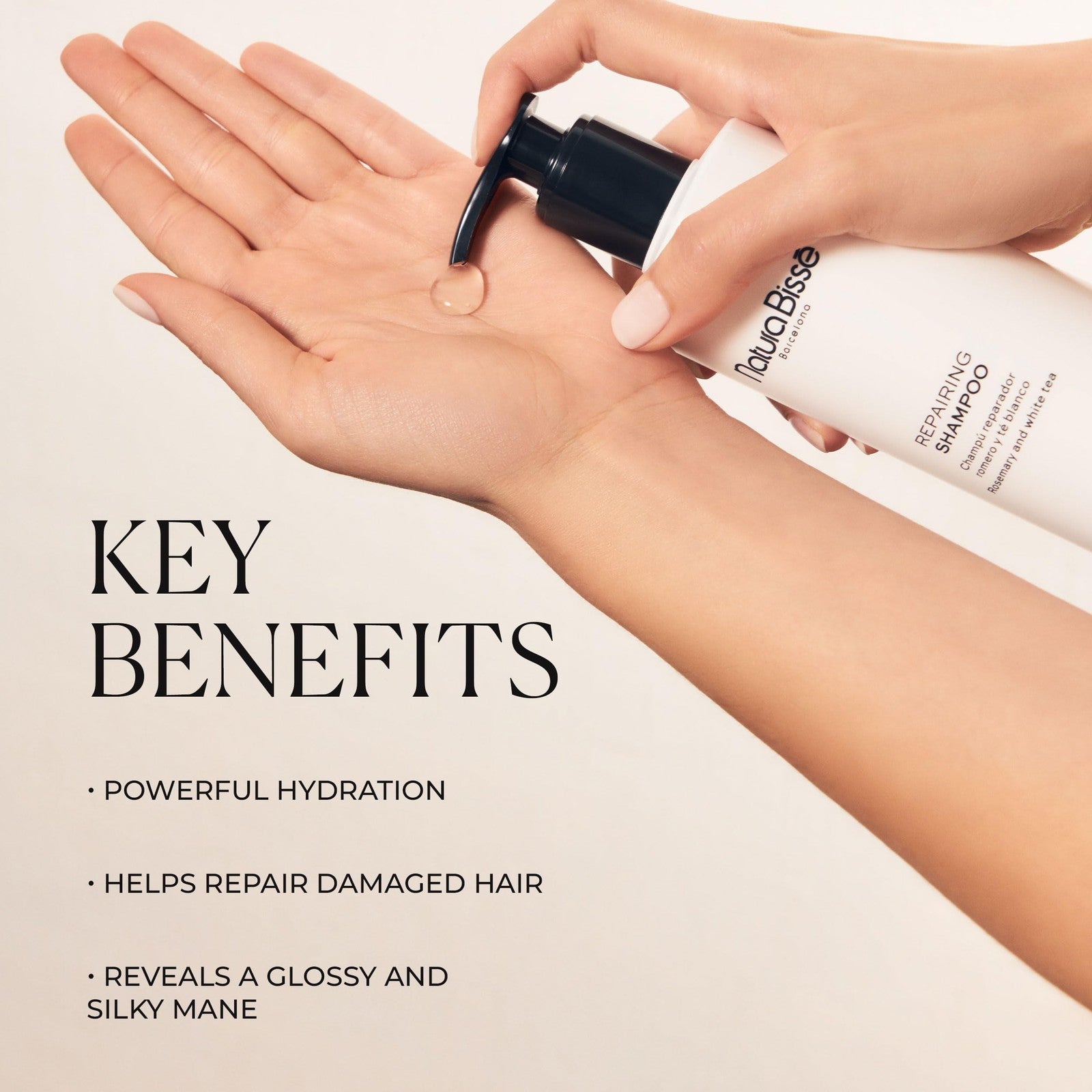 Natura Bissé Repairing Shampoo with rosemary and white ingredients, hydrating and revitalizing for healthy hair.