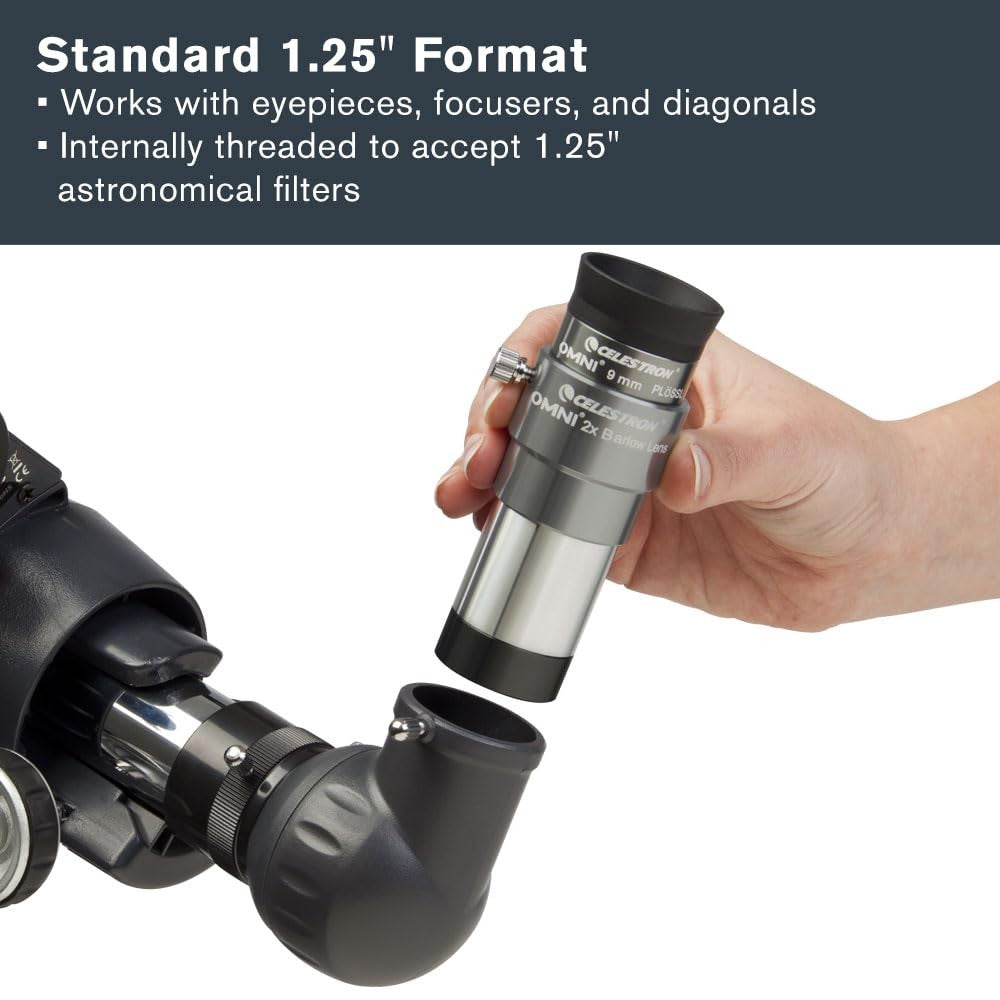 Celestron Omni Barlow Lens 2x in silver, 1.25 inch diameter, used with telescopes for magnification, shown in the image.