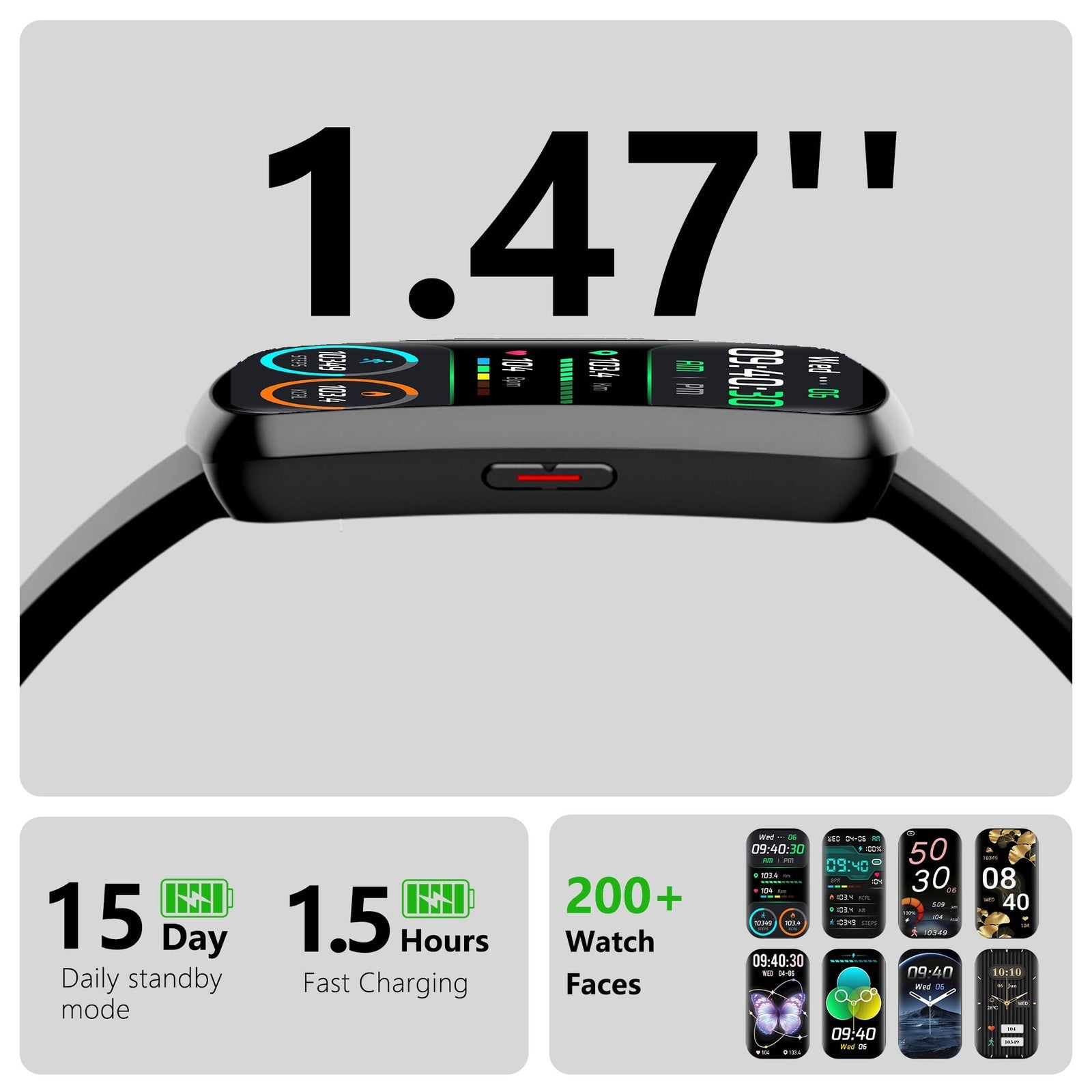 JYUAJOI health fitness tracker smart watch showing heart rate monitor and blood pressure display on a digital screen.