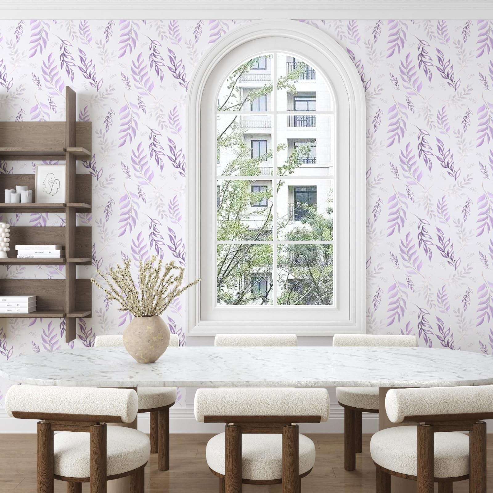 White purple leaf wallpaper peel and stick botanical leaves contact paper, 17.5 inches by Laatse, showing a close-up of leaf pattern.