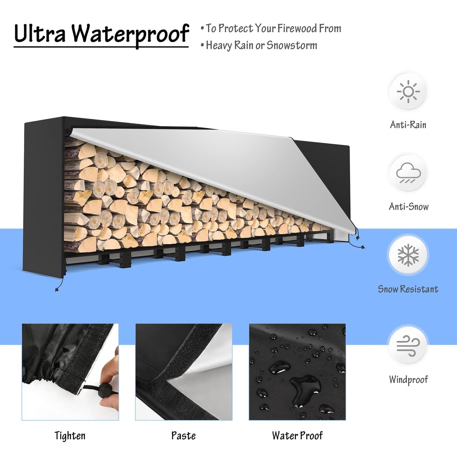 SunyesYoon 80-inch outdoor firewood rack with waterproof cover, heavy-duty steel log storage for outdoor use.