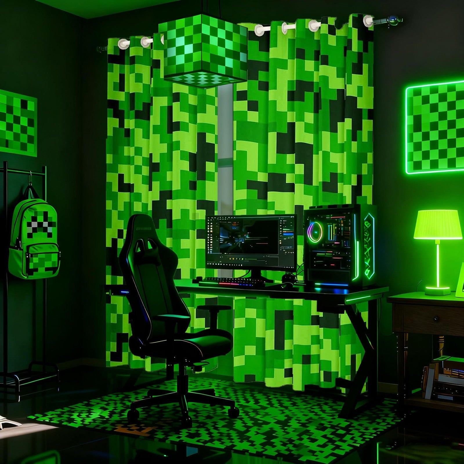 Green Pixel Miners curtains for boys' room decor, gaming blackout window drapes by Castle Fairy featuring pixelated miner design.