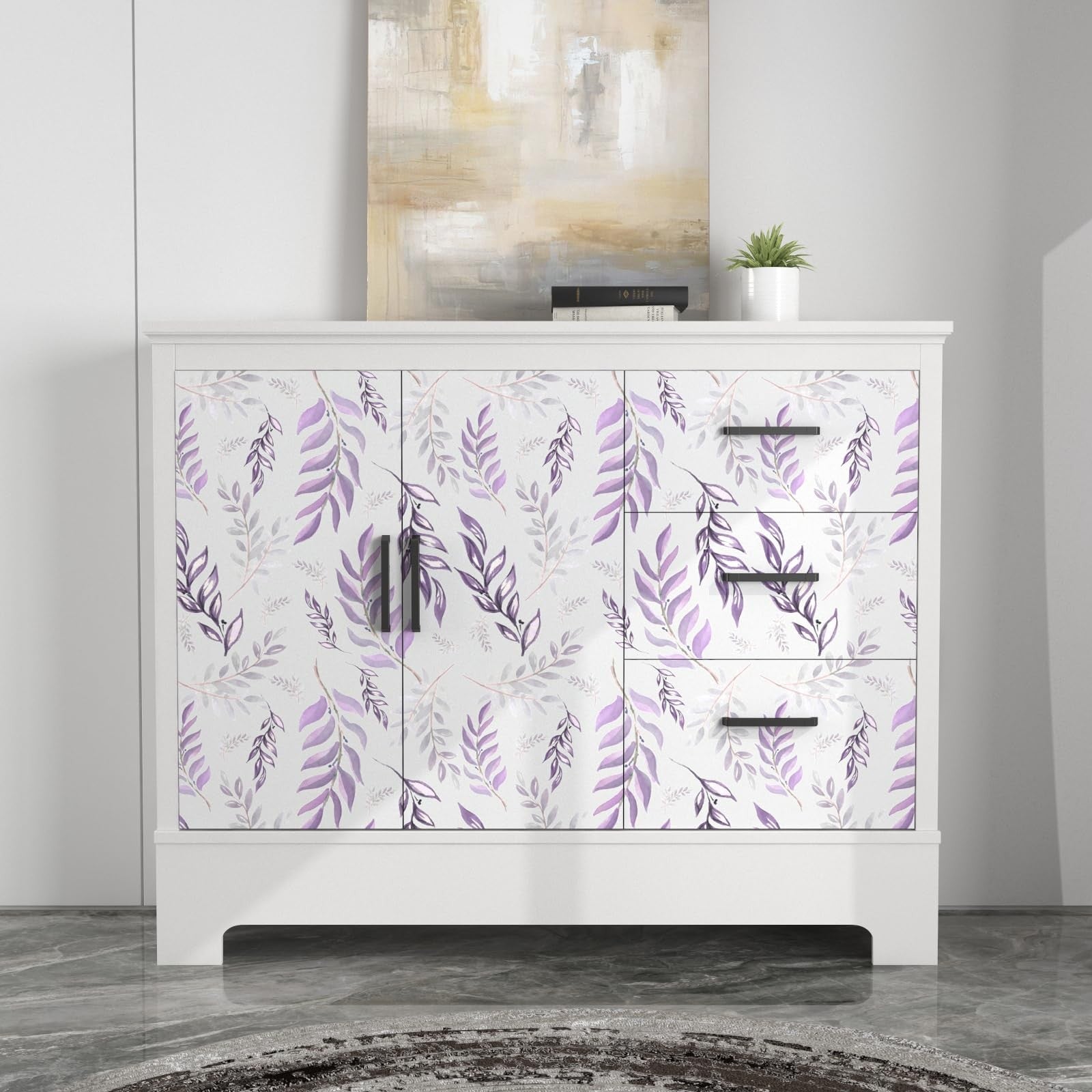 White and purple leaf wallpaper peel and stick botanical contact paper, 17.5 inches wide, by Laatse showing leaf pattern on a smooth surface.