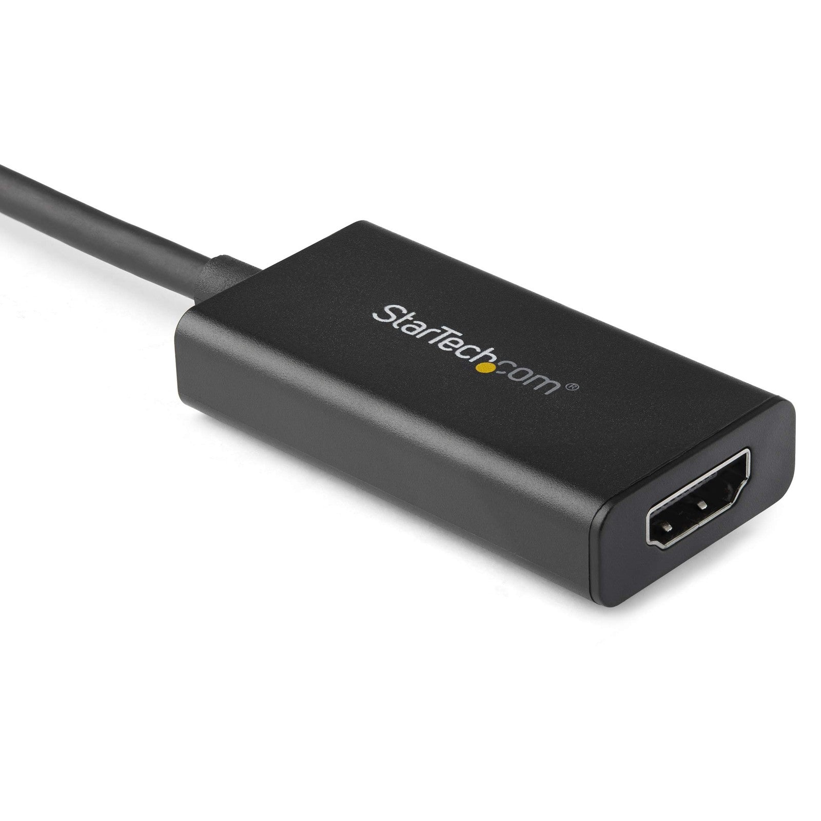 StarTech.com DisplayPort to HDMI adapter showing a compact black device with HDMI and DisplayPort connectors on a white background.