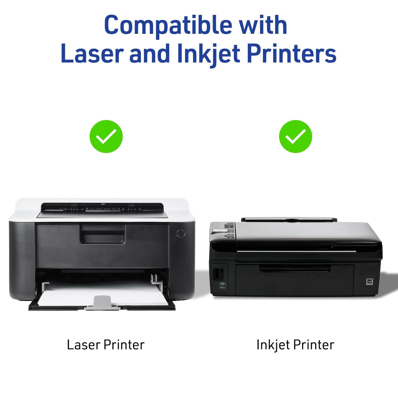 Avery printable DVD labels on matte white film with permanent adhesive, suitable for laser and inkjet printers.