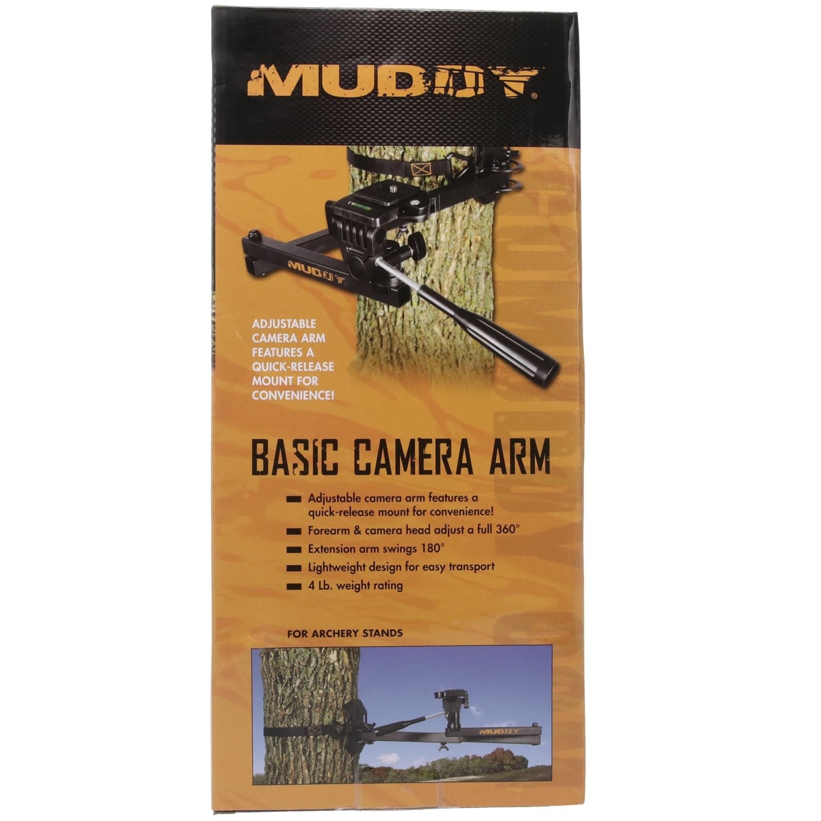 Muddy Basic Trail Camera Arm with pan head for precise positioning of game cameras, adjustable for outdoor wildlife monitoring.