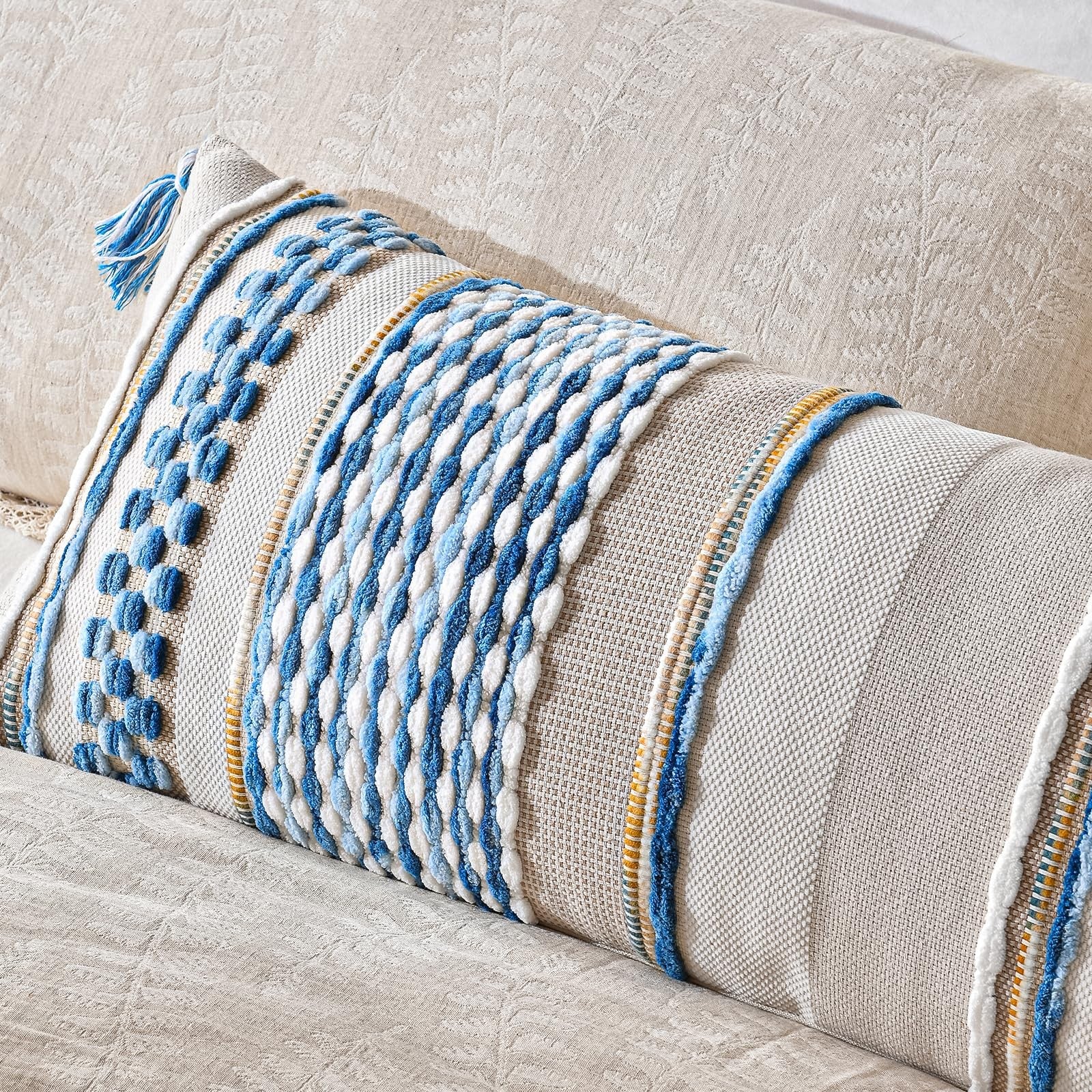 AmHoo chenille striped textured boho throw pillow cover with tassels, featuring a colorful and cozy aesthetic for home decor.