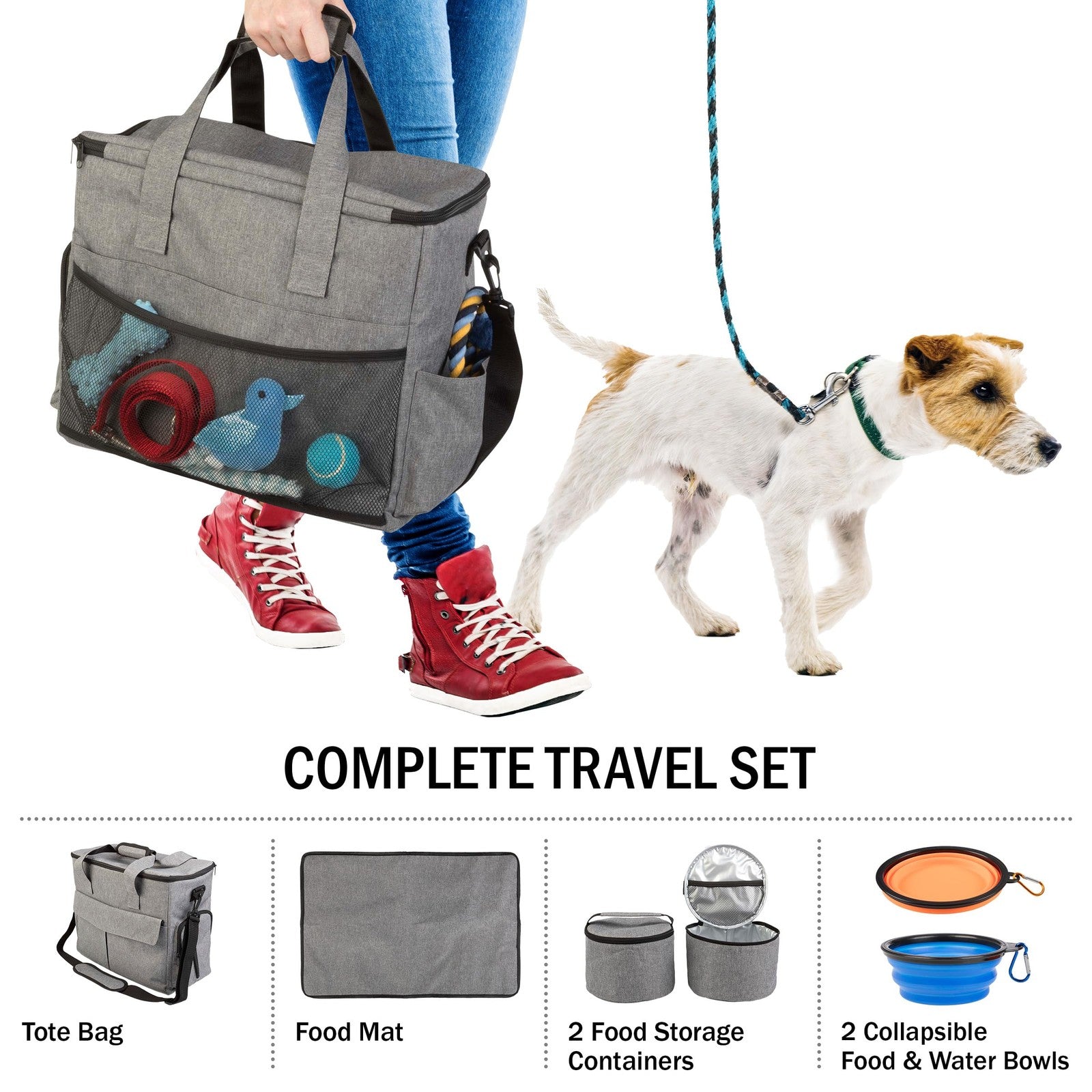 PETMAKER dog and cat travel bag with multiple pockets, mat, and two food containers for pet convenience and organization.