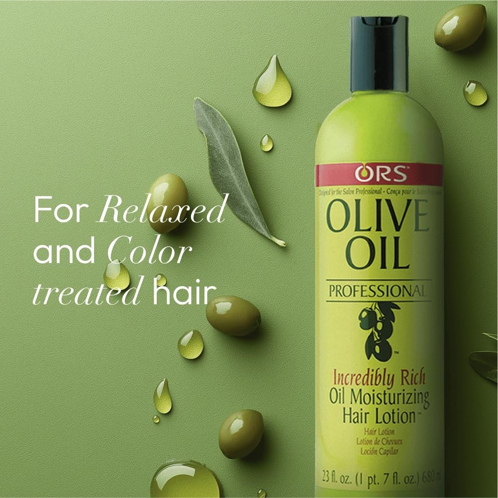 ORS Olive Oil Rich Moisturizing Hair Lotion 23oz two-pack, showing bottles with label and pump dispenser for nourishing hair care.